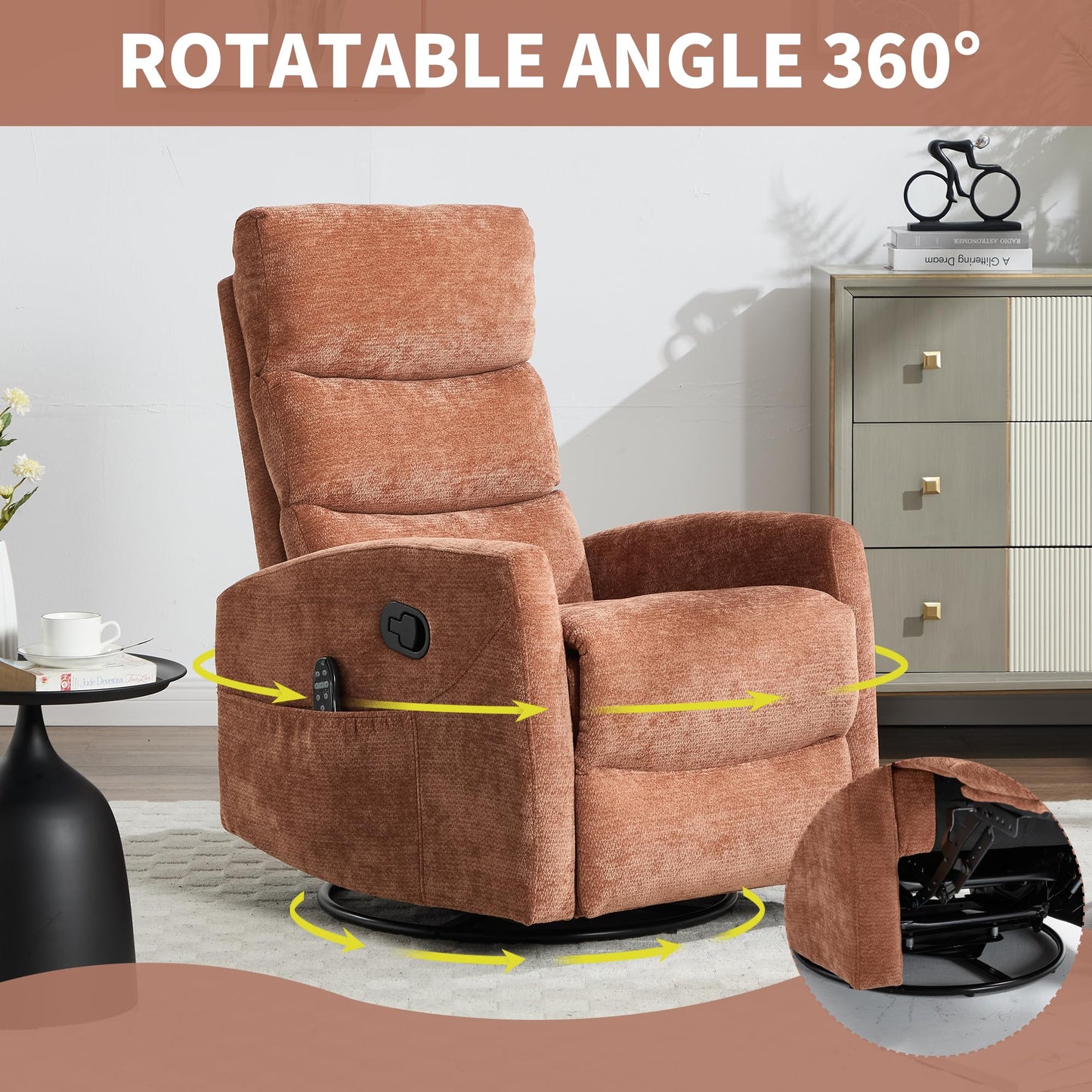 GDFStudio Heat Massage Manual Recliner Chair with Rocking and 360° Swivel, Chenille Fabric Recliner Chair with Lumbar Heat, 8-Point Vibration Massage, 155° Reclining Chair for Living Room, Orange