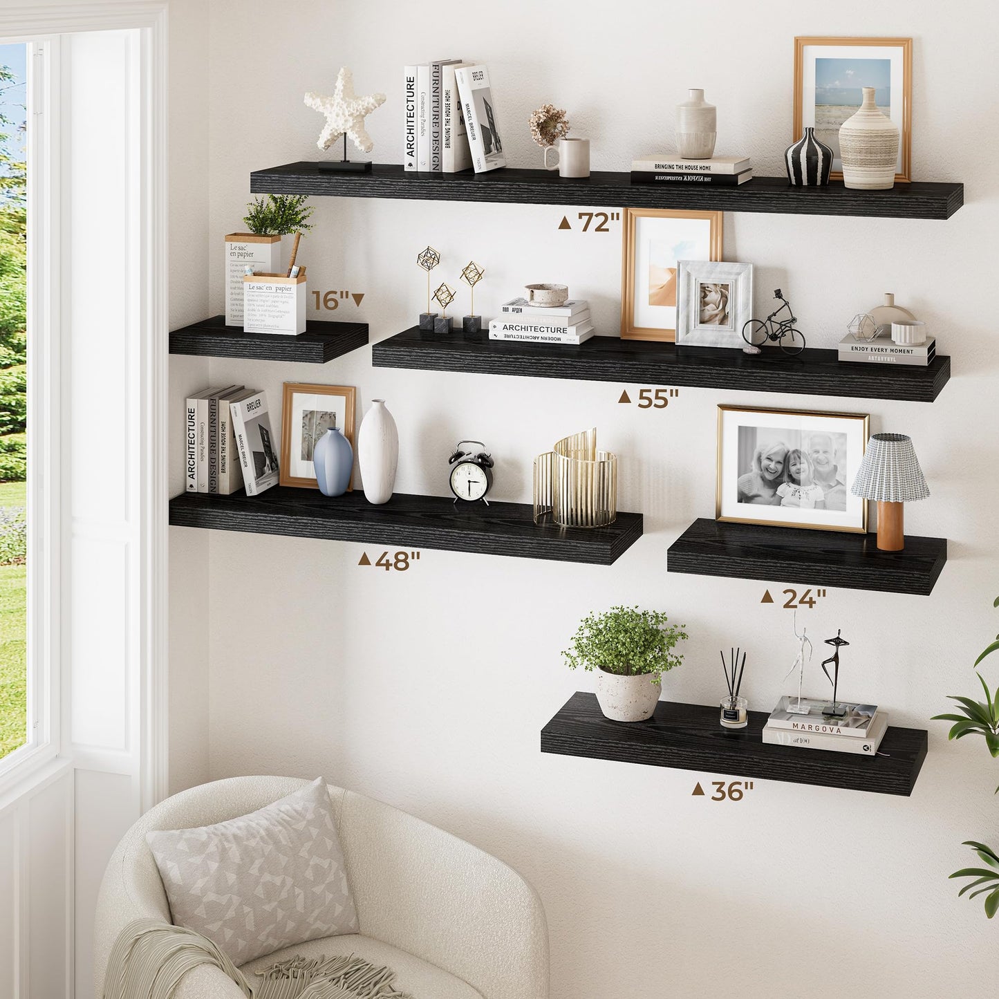 RICHFOCUS 72 Inch 12" D Floating Shelves for Wall 2 Pack Long Wall Shelves for Room Wall|Large Wood Hanging Shelf with Invisible Brackets for Bathroom Bedroom Kitchen Laundry Room, Black