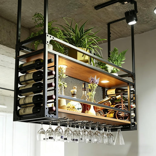 39.3in Wall Mounted Wine Racks, Hanging Wine Rack, Large Capacity Wine Holder, Can Hanging Or Wall Mounted, Simple Type with Light Wine Rack for Bar, Restaurant, Indoor (BLACK, 39.3 * 11.8 * 21.6in)