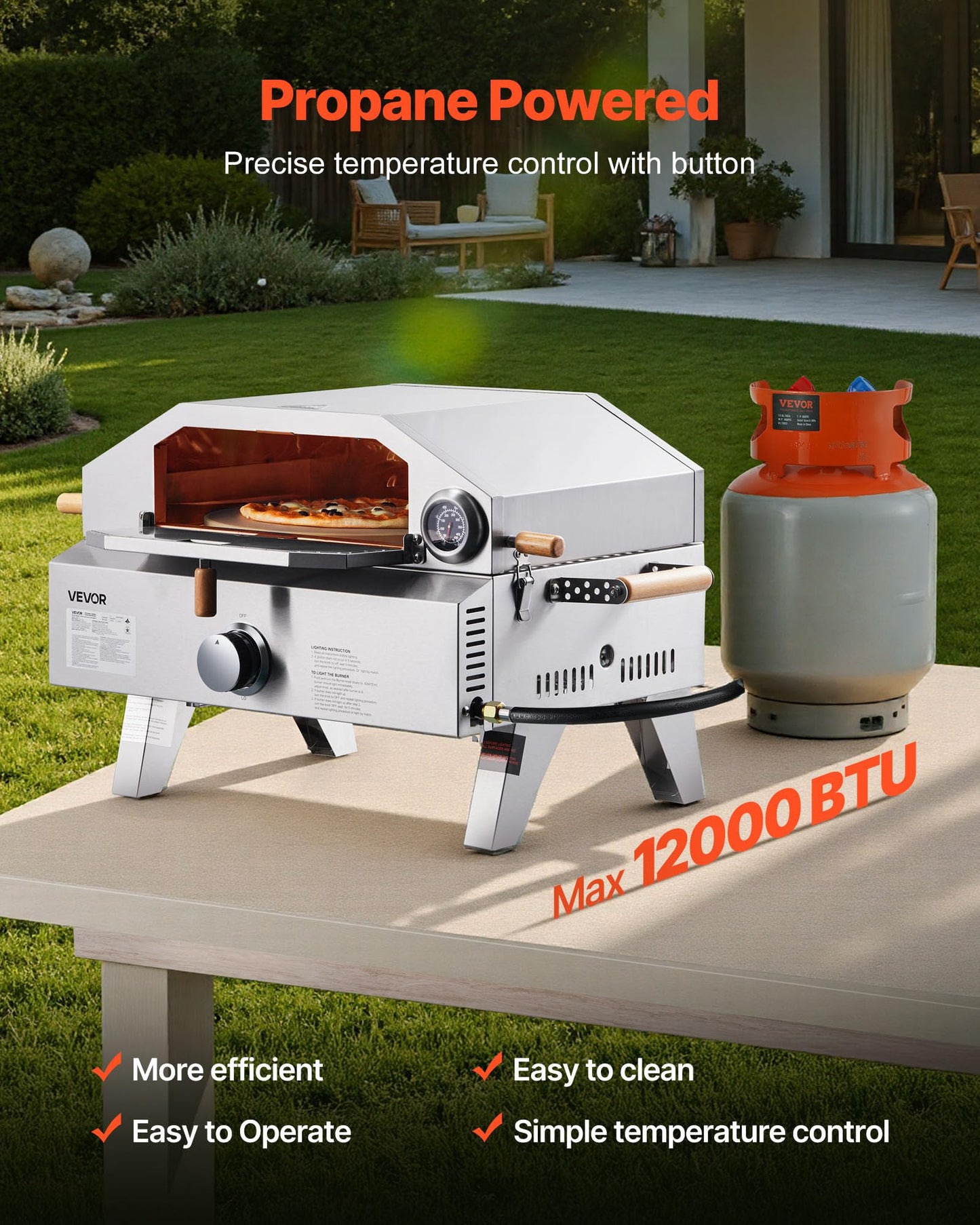 VEVOR 2 IN 1 Outdoor Pizza Oven, 13 in Propane Pizza Oven & Grill, 12,000 BTU Tabletop Propane Gas Oven with Pizza-Stone, Thermometer, Stainless Steel Portable Grill, for Camping & Backyard