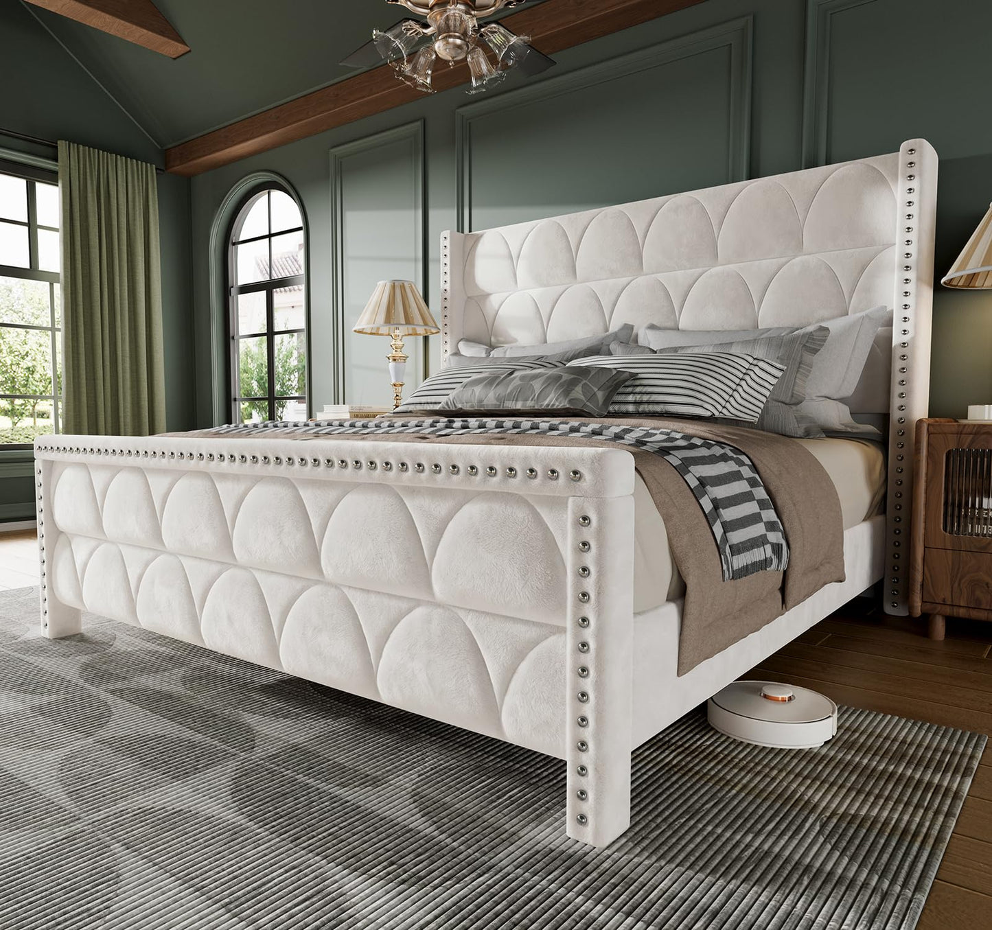 OHOHOLIVE King Size Bed Frame with 56" Headboard - Velvet Upholstered Wingback Platform Bed Frame, Noise Free, Sturdy Wooden Slat Support (Cream, King)