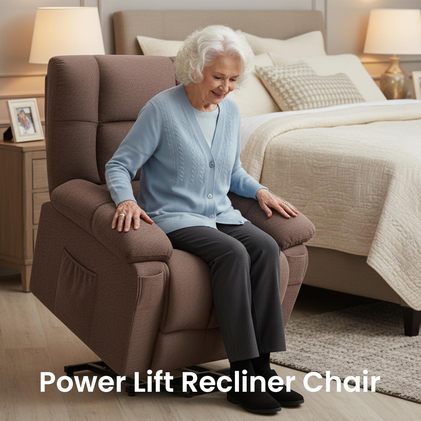 HealSmart Power Lift Recliner Chair with Massage & Heat, Overstuffed Fabric Reclining Chair with Remote, Side Pockets for Living Room & Bedroom, Brown