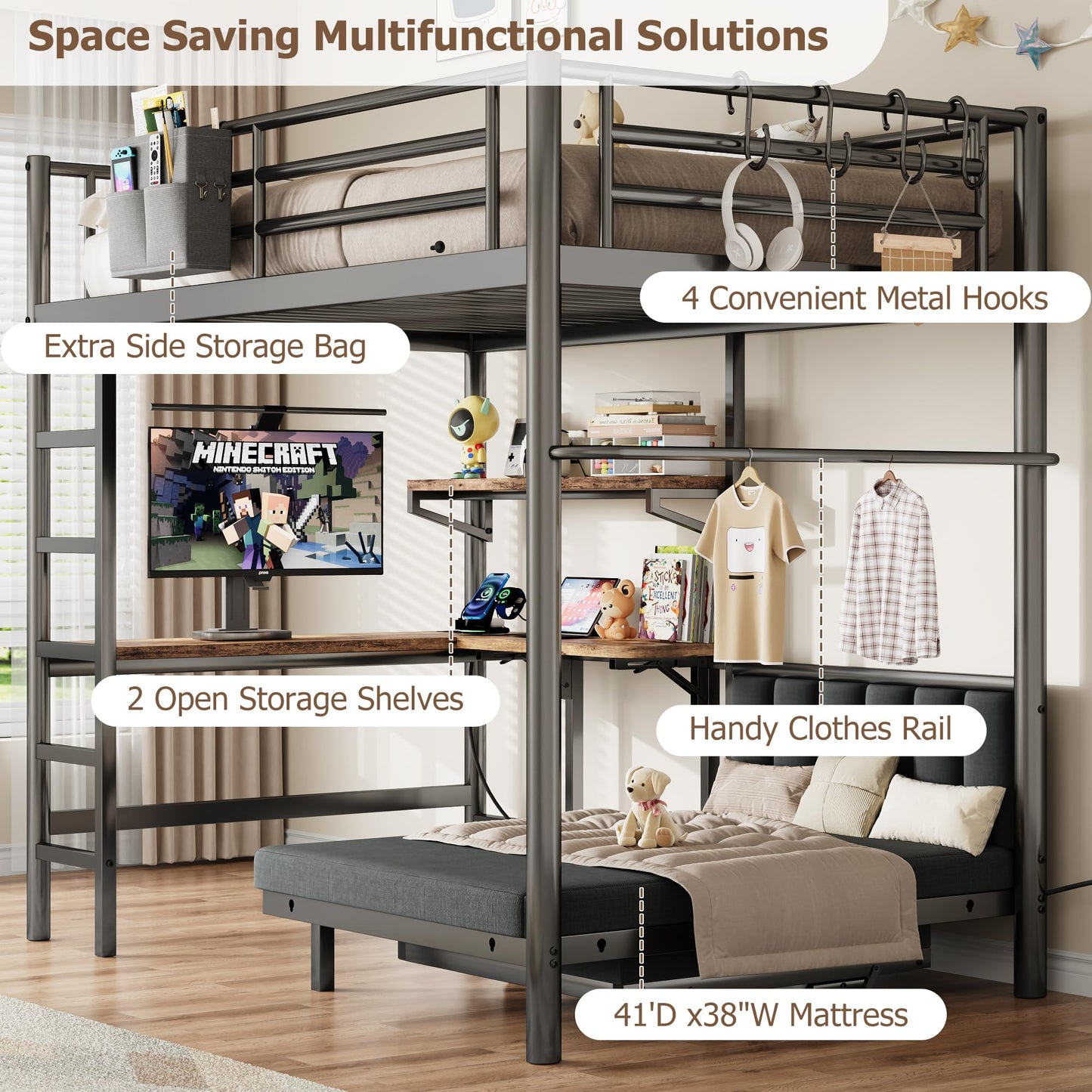 Twin Loft Bed with Pull-Out Folding Bed and Desk, Heavy Duty Metal Bunk Bed Frame with Mattress, Dual-Access Bed, Charging Station, 2-Tier Adjustable Shelves, Safety Guard Rail & Ladder (Dark Black)