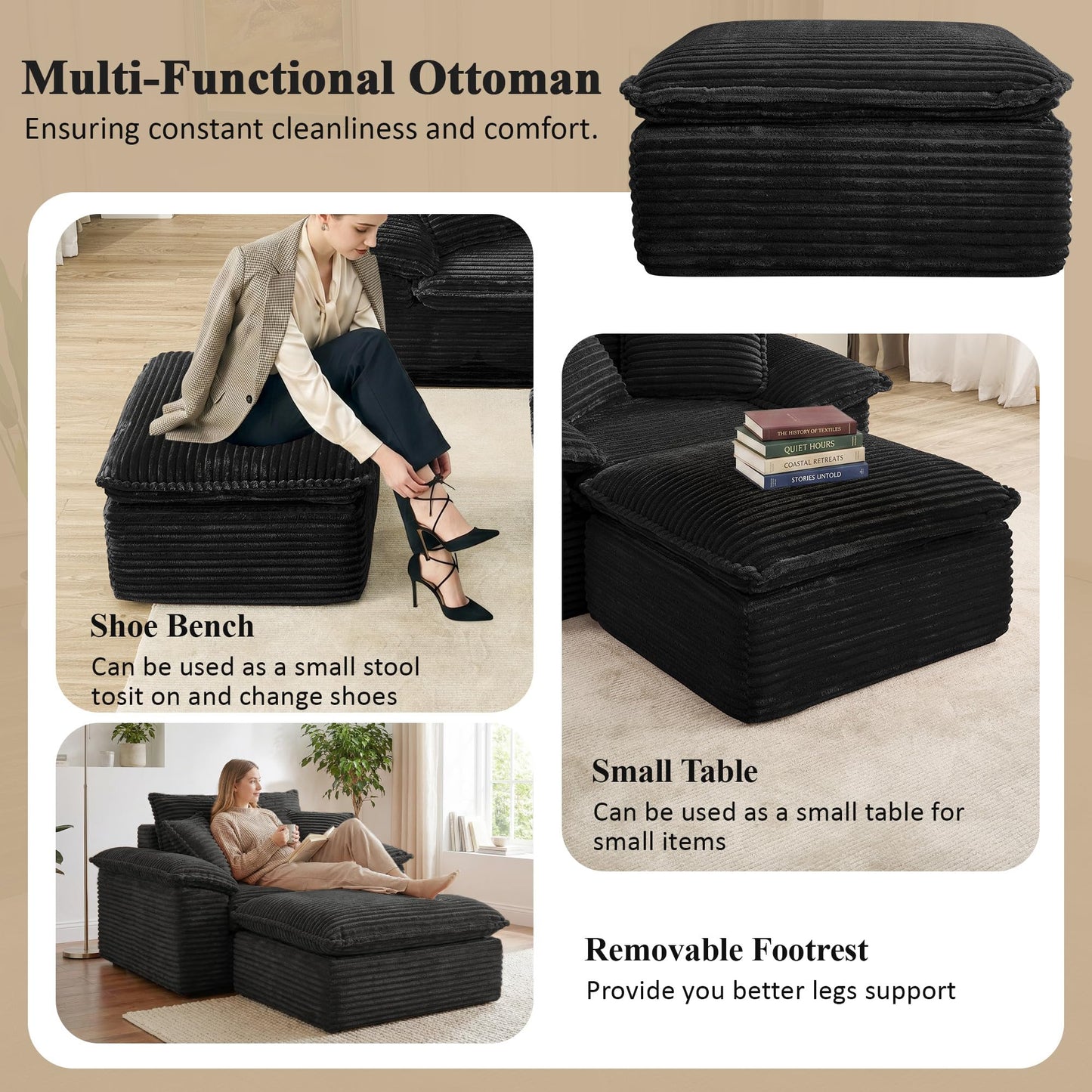 KEIKI 63" Oversized Modular Sofa Chair Bed with Ottoman, Deep Seat Cloud Couch Sleeper, Convertible 1-Seater Sectional Sofa, No Assembly Corduroy Couch for Flexible Living Spaces