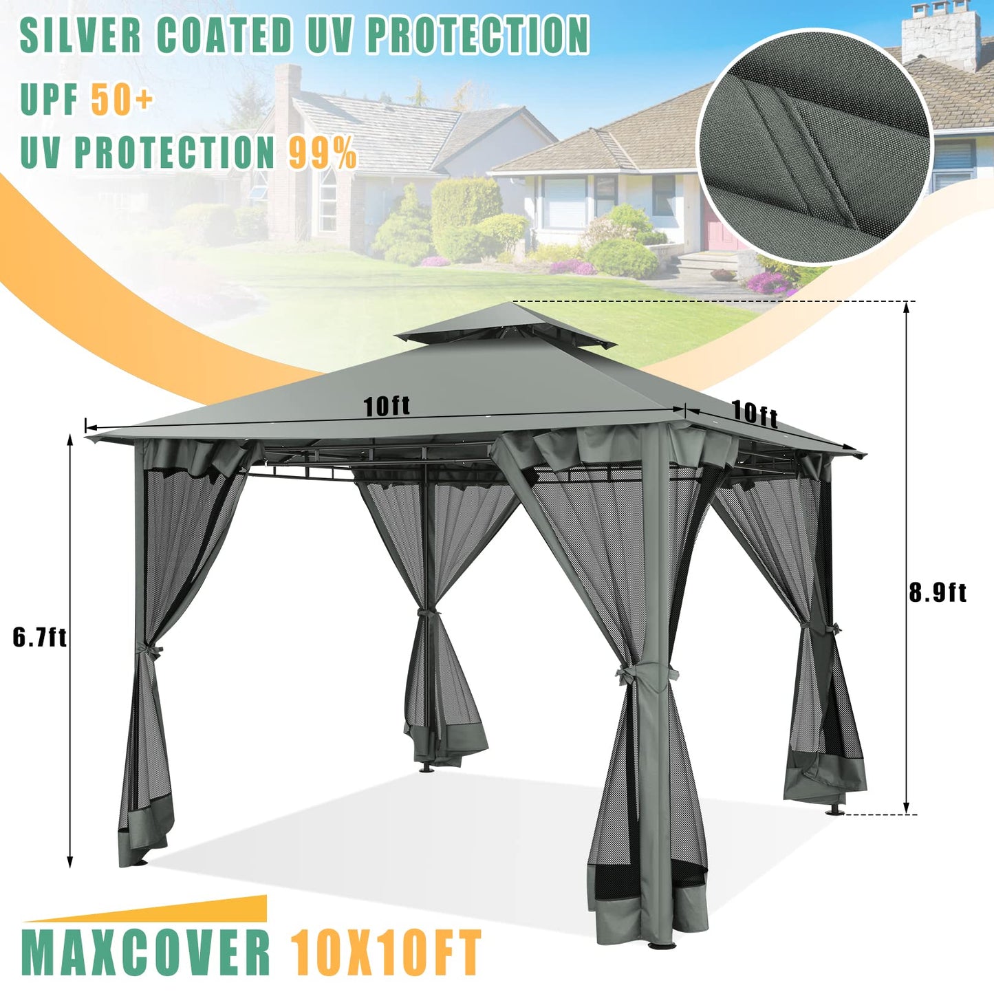 HOTEEL Outdoor Gazebo 10x10 FT Gazebos on Clearance with Netting, Waterproof Canopy Tent with Heavy Duty Party Tent Steel Frame, High Wind-Resistant Shelter for Backyard, Deck & Garden Windproof Gray