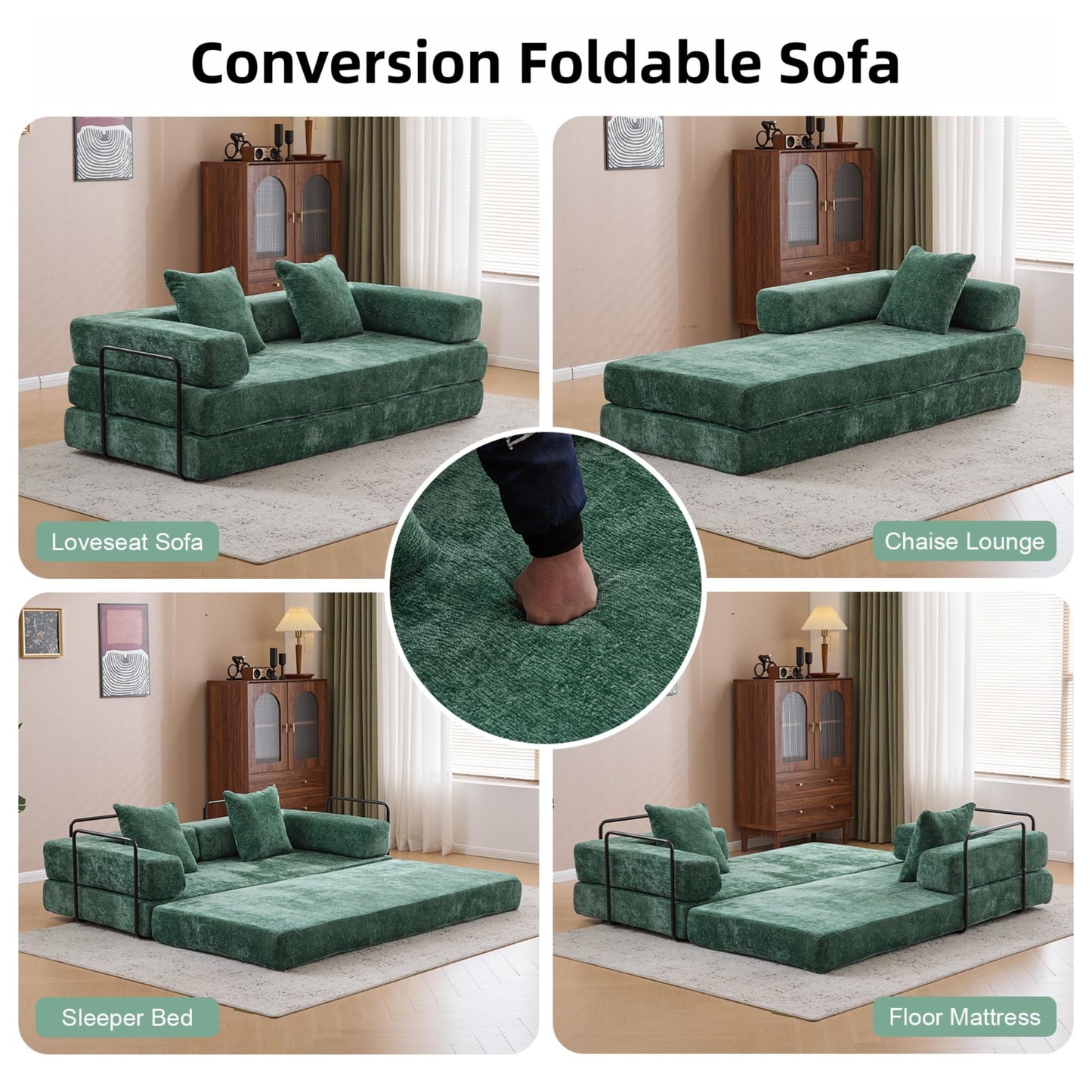 Trygoal 78”Convertible Sofa Bed, 4-in-1 Futon Boneless Couch with Armrest & Pillows, Compressed Chenille Folding Sleeper Bed for Living Room, Guest Room and Dorm, Dark Green