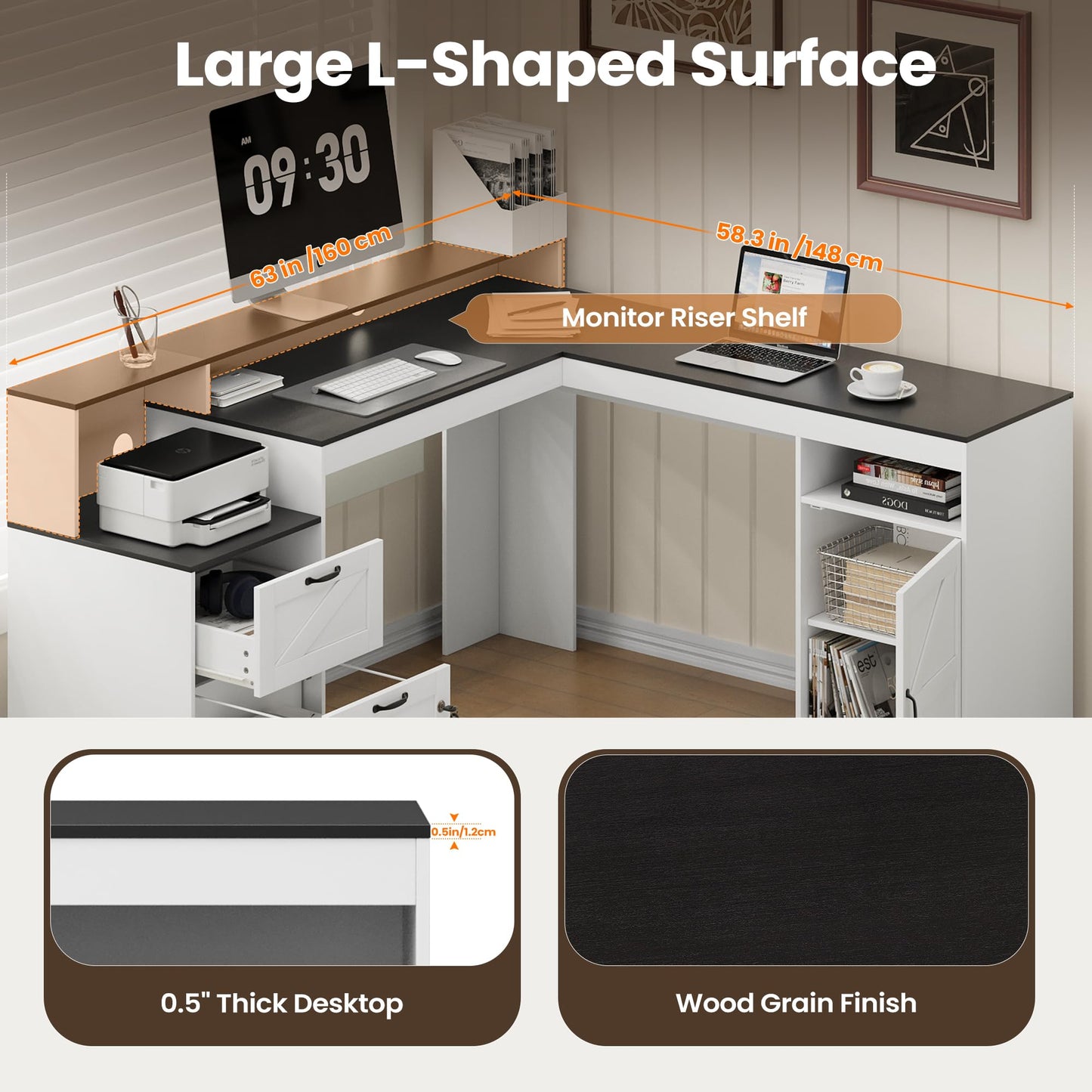 MALOL 63" Farmhouse L Shaped Executive Desk, Corner Computer Desk with Drawers & Storage Shelf, Home Office Desk with Power Outlet, Monitor Stand, Wood Grain Desktop, White & Black