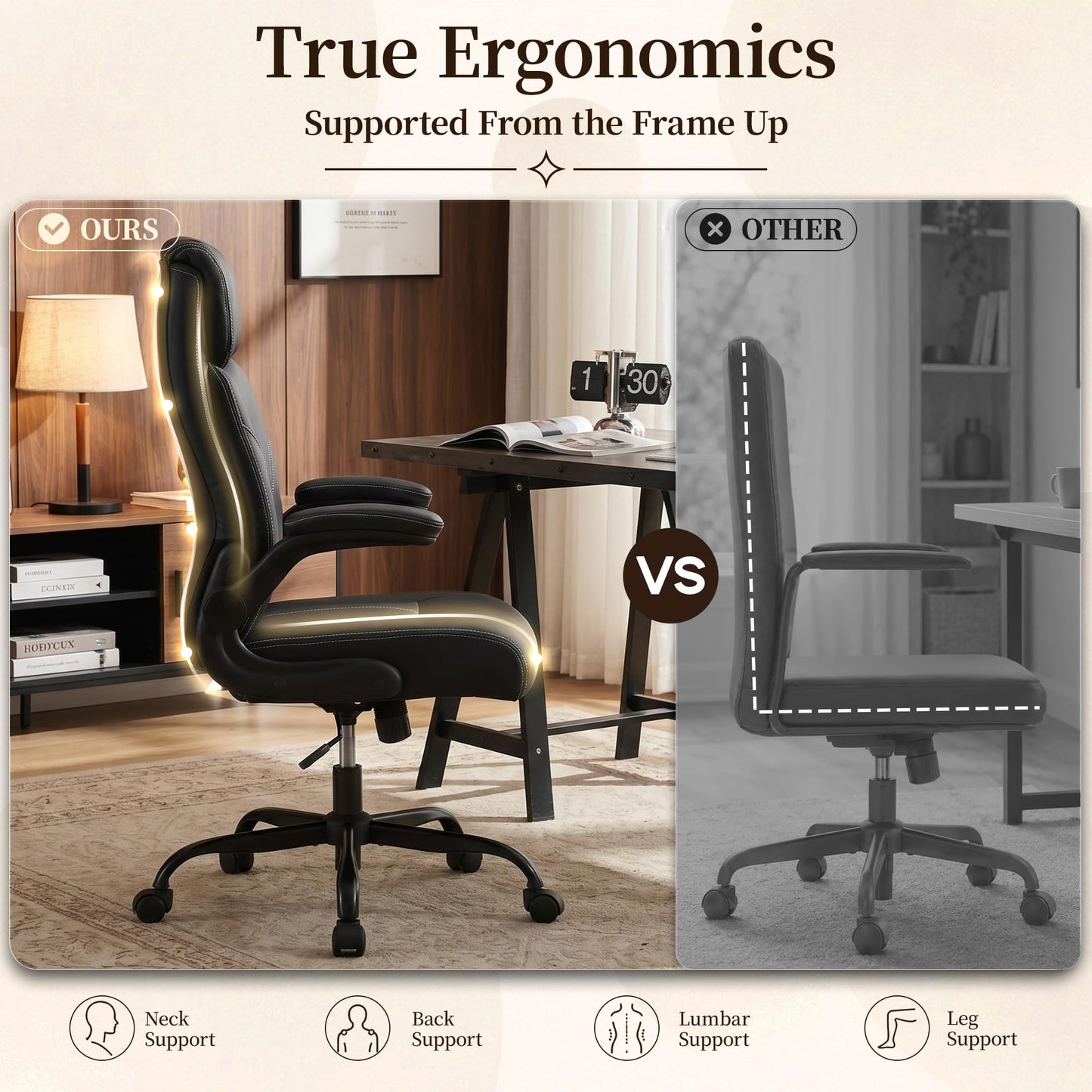 OwgeinSet Office Chair, Leather Ergonomic Computer Desk Chair with Rocking Function, High Back Executive Home Office Chair with Adjustable Flip-up Armrests, Lumbar Support, 360° Swivel, Black