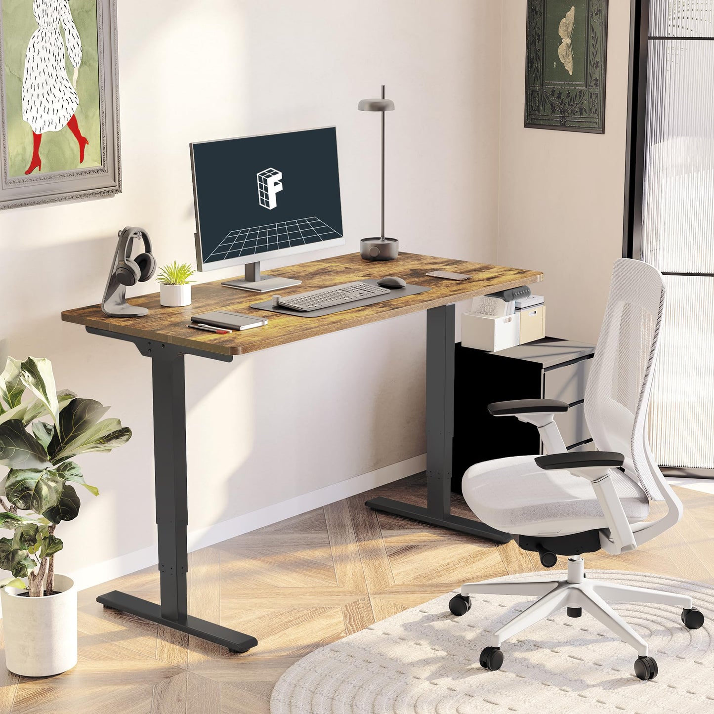 FLEXISPOT E6 3-Stage Dual Motor Electric Standing Desk 55 x 28 Sit Stand Up Desk, Holds 220 lbs, Adjustable Height w/Memory Presets, One-Piece Special Walnut Desktop & Black Frame, Ships in 2 Boxes