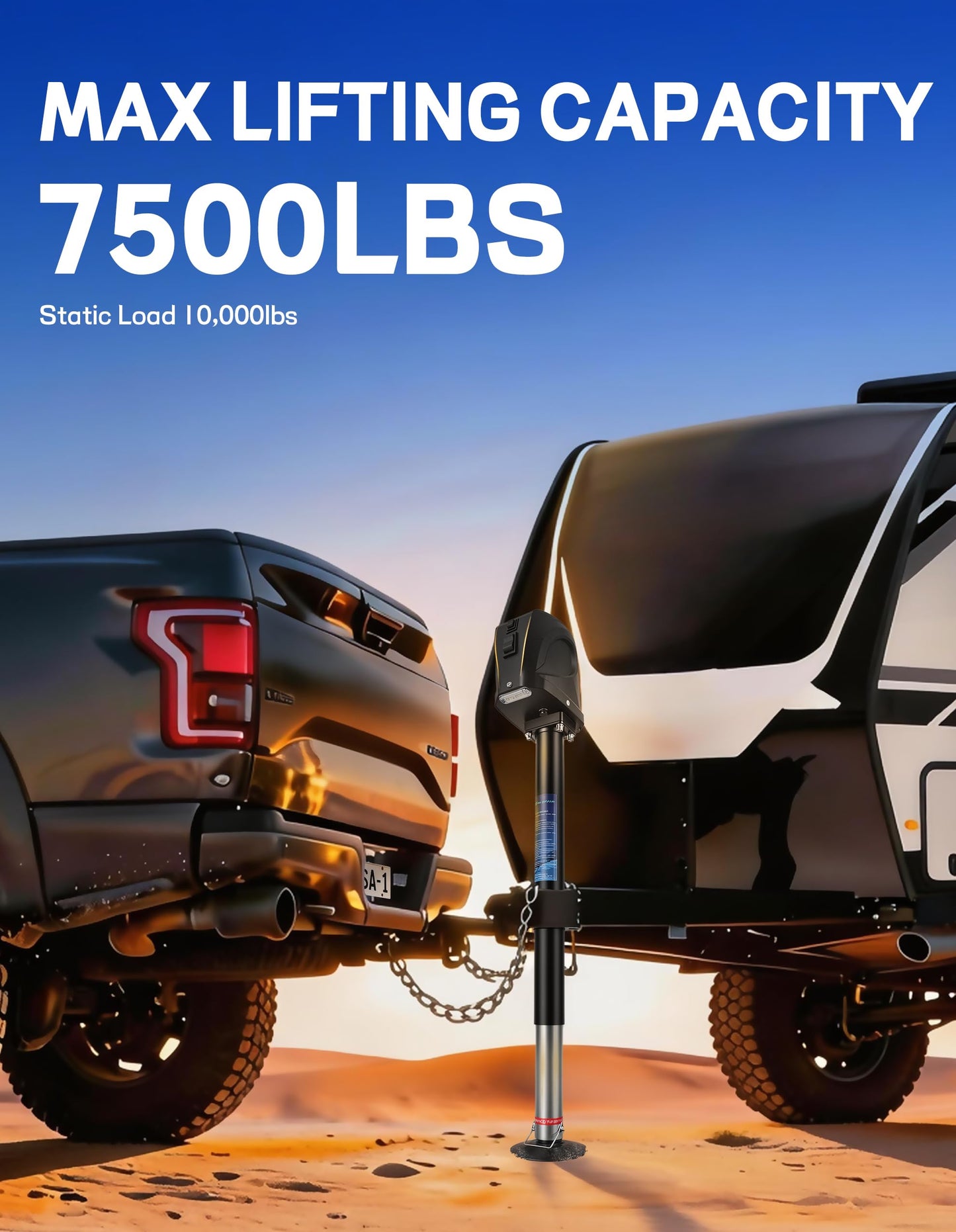 POLESTAR Electric Trailer Jack, 7500lbs Electric Power A-Frame Tongue Jack with Waterproof Protective Cover & LED Light for Travel Trailer Camper, RV, 12V DC 7-Way Plug, 9"-27" Lift