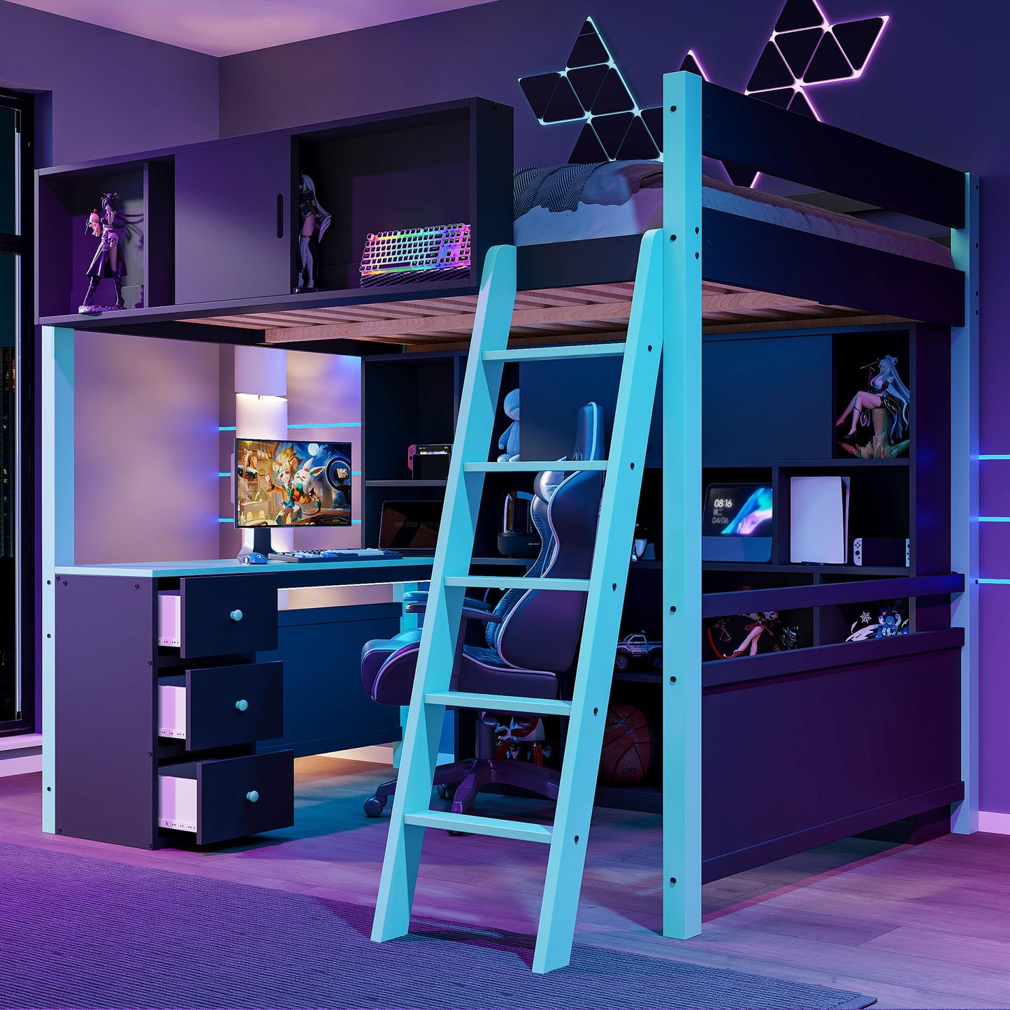 Merax Full Size Wood Loft Bed Frame with Desk and Ample Storage Space, Gaming Bed with Light Strip for Teens Bedroom, Full-Length Guardrails, No Box Spring Needed, Blue