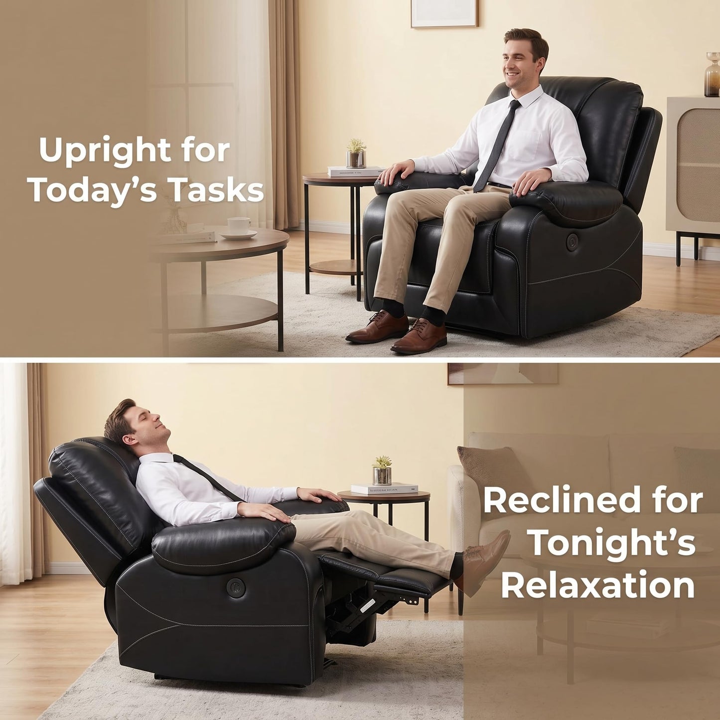 Trygoal Power Reclining Chair, Single Electric Recliner Furniture with USB Charging Port, Breathable PU Leather Recliners for Home Theater Seating, Living Room, Apartment, Black
