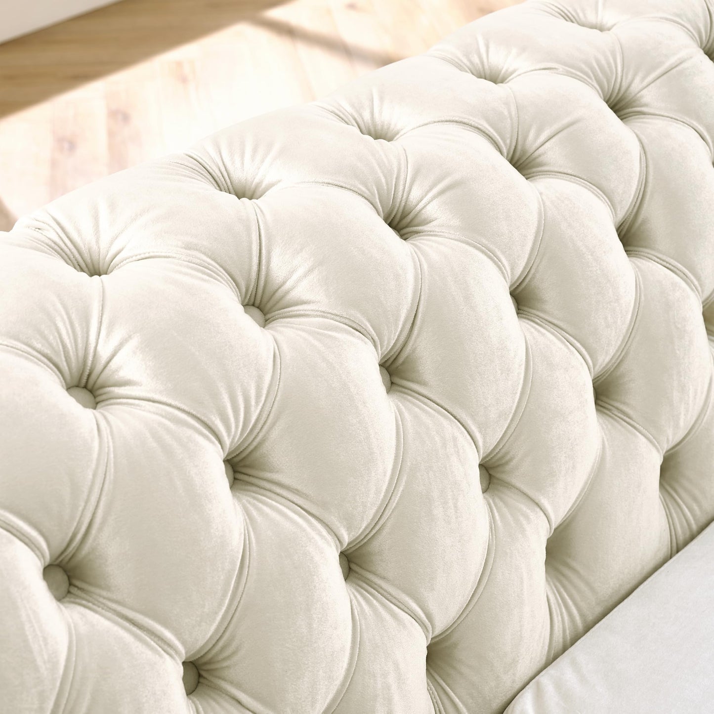 KEIKI 106" L-Shaped Luxury Velvet Chesterfield Sectional Sofa with Gold Stainless Steel Accents and 5 Pillows, Mid-Century Oversized 5-Seater Button Tufted Couch, Easy Assembly, for Living Room, Beige