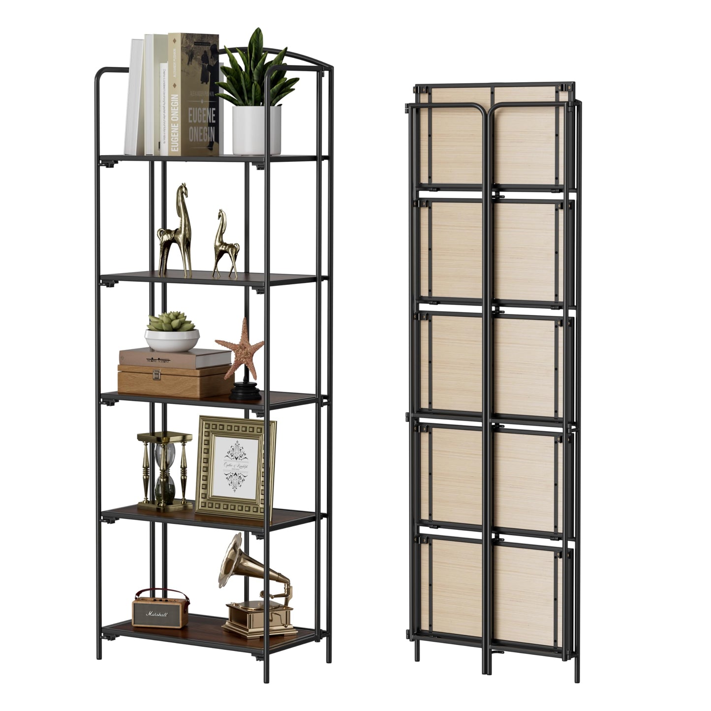 Crofy 5-Tier Foldable Bookshelf, Black Frame & Walnut Shelves