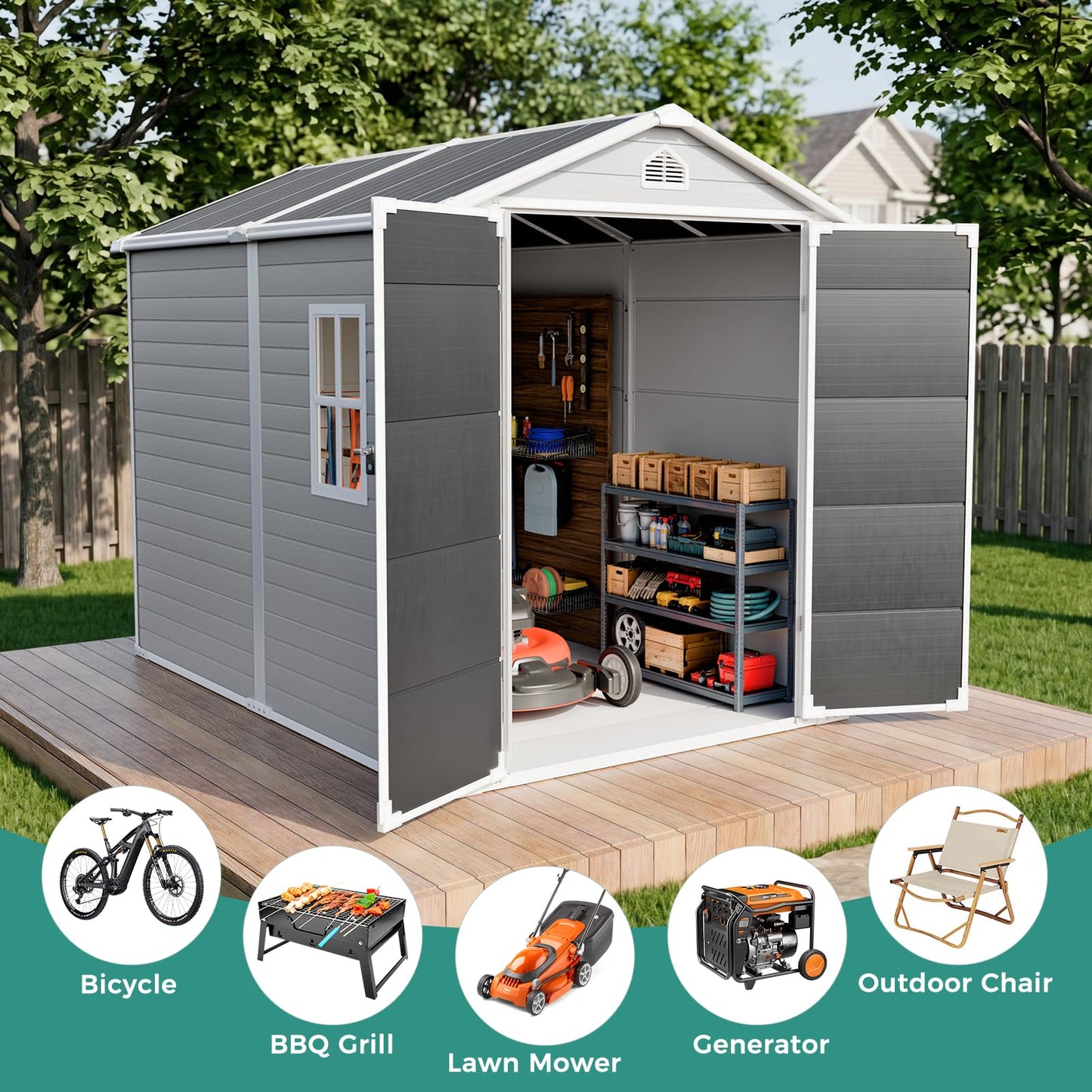 SENYUN 8x6 FT Resin Storage Shed with Floor Included, Garden Outdoor Shed with Lockable Doors and Window, Double-Wall Polypropylene Plastic Shed for Backyard, Patio, Lawn, Bike, Tools, Grey