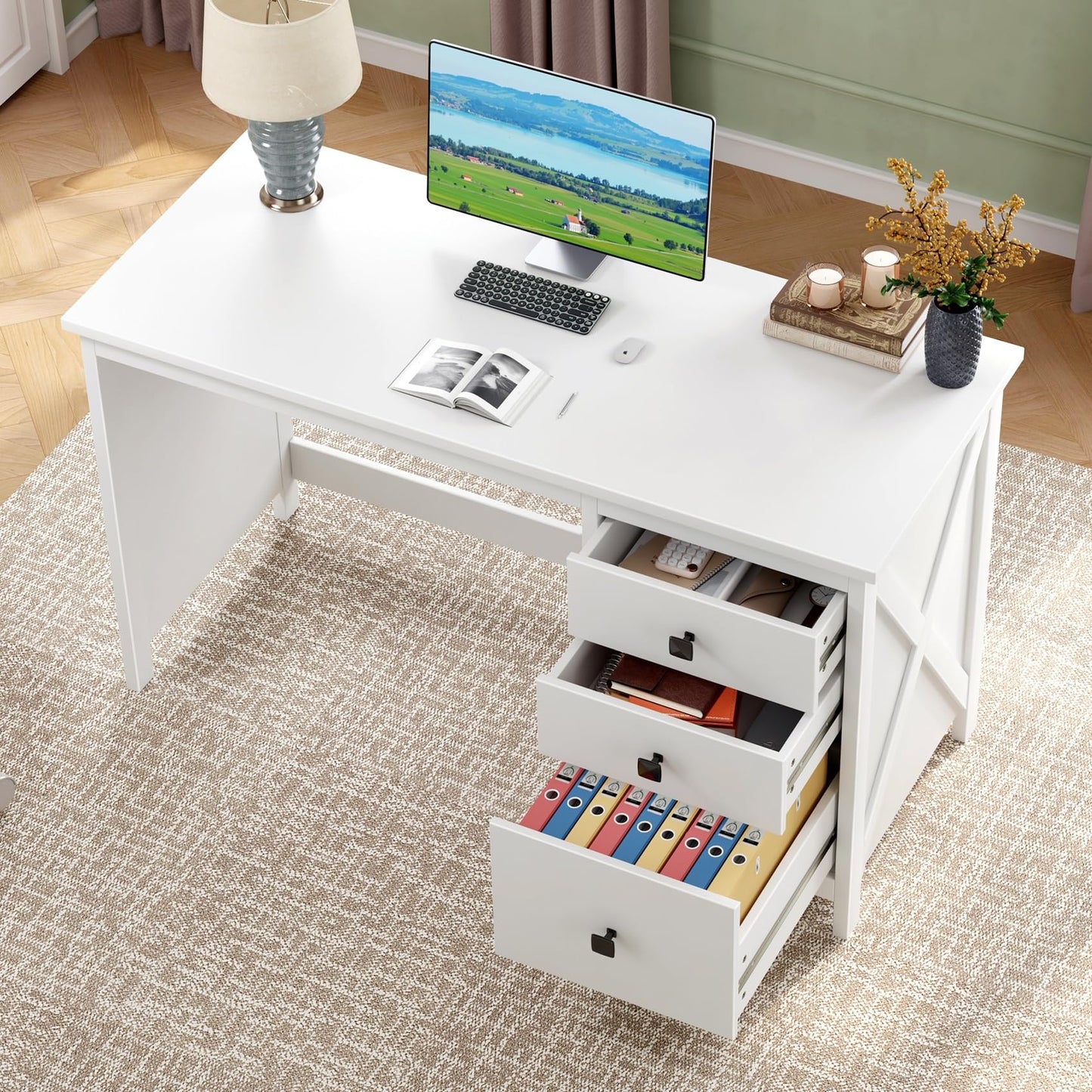 JSB 47.2'' White Computer Desk for Home Office,Farmhouse Executive Desk with 3 File Drawers,Study Writing Table Storage Cabinet,Makeup Vanity Desk for Bedroom (White, 47.2in)