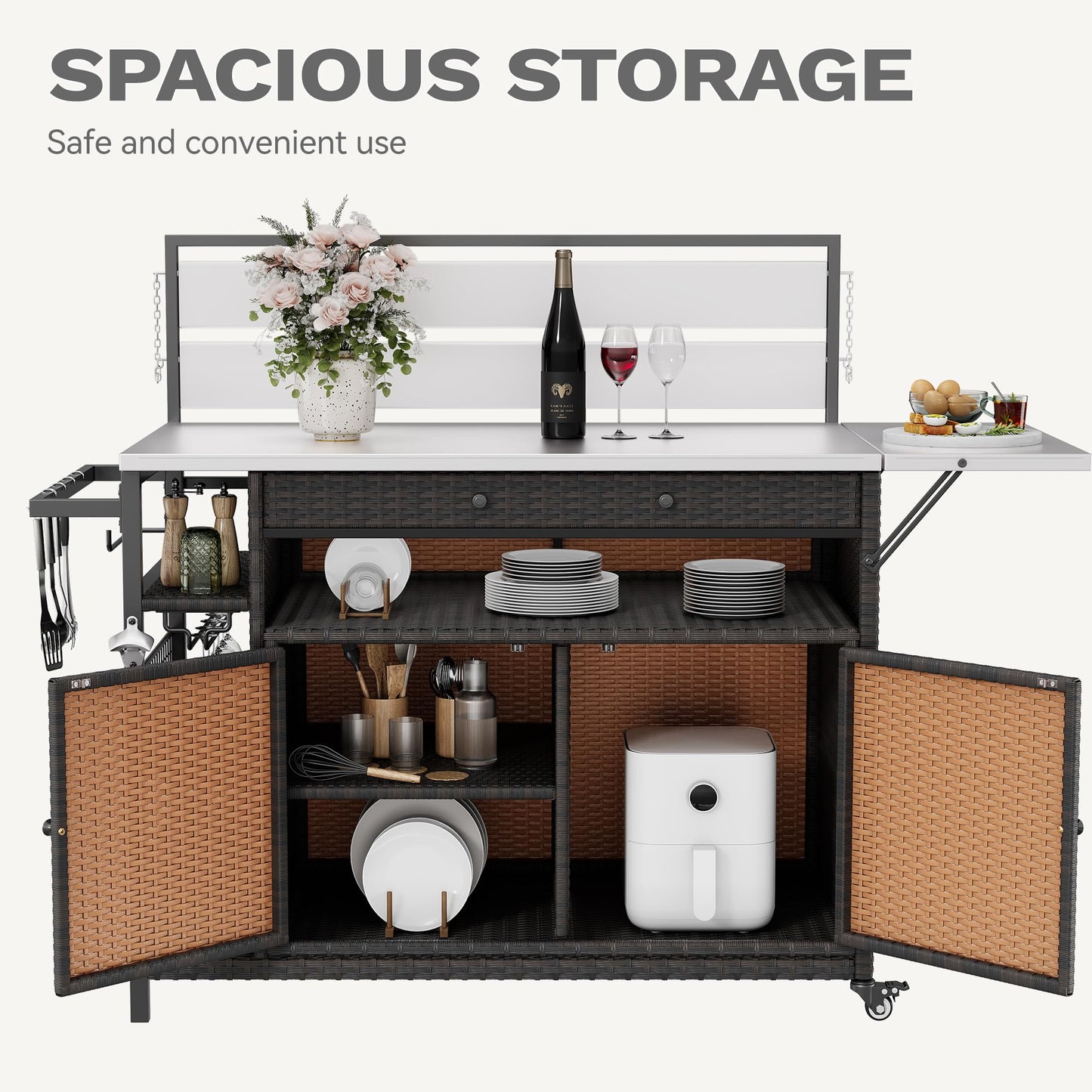 DWVO XL Outdoor Bar Table & Storage Cabinet, Wheels and Stainless Steel Extended Table Top, Patio Bar Table with Side Handle for Patio Kitchen or Bar Cart, Dark Brown