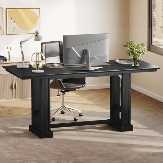 DWVO 70 Inch Computer Desk, Large Executive Office Table Workstation, Modern Farmhouse Style Laptop Wooden Sturdy Legs Writing Desk Business Furniture for Home, Black