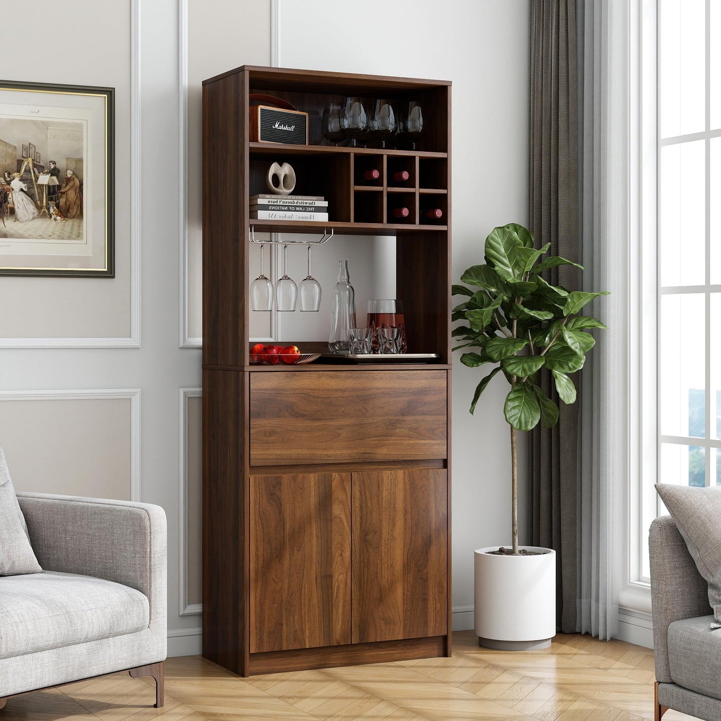 KEIKI 70.87" H Tall Kitchen Pantry Wine Bar Storage Cabinet with Countertop, Wine Rack, Glass Holder, Drawers, Wood Freestanding Hutch Food Pantries Cupboard for Coffee, Dining Living Room
