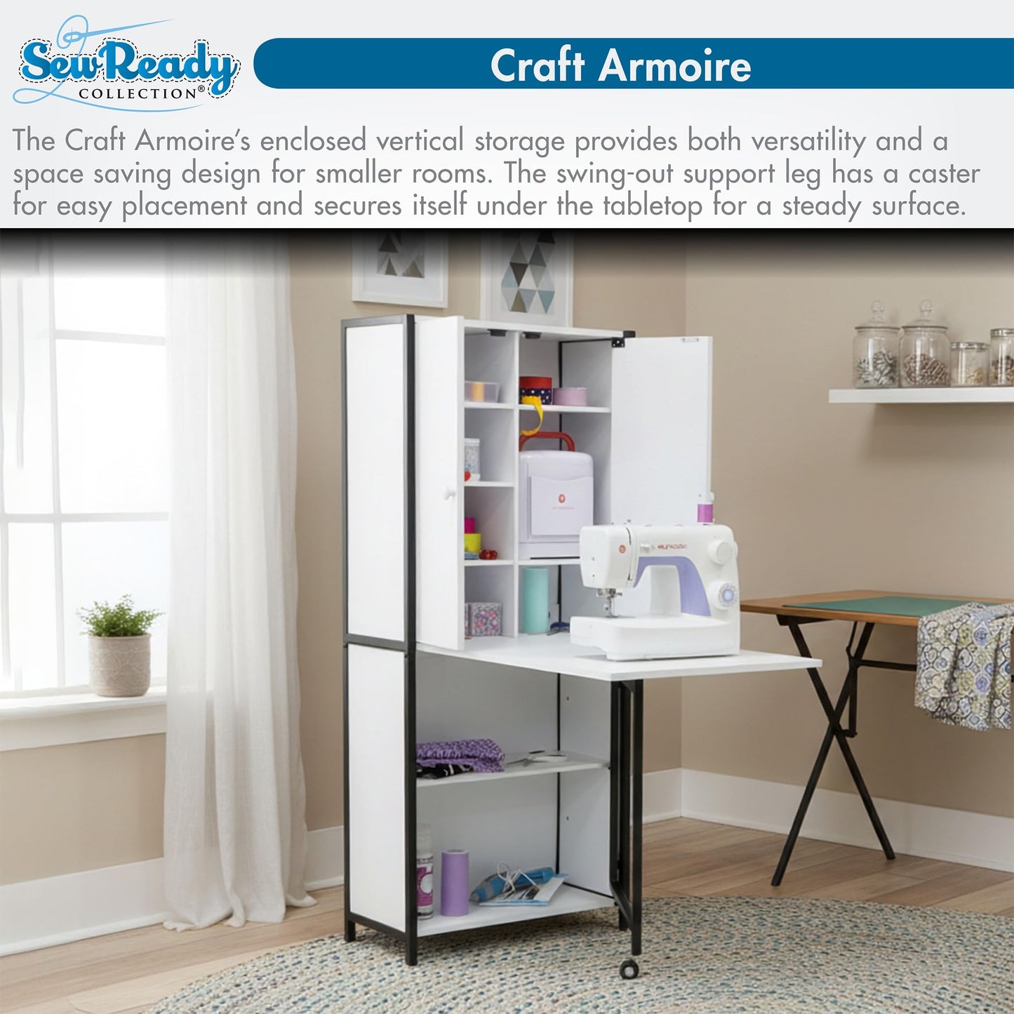 Sew Ready Folding Craft Armoire Cabinet, 59" Tall Multipurpose Workstation with Drop-Leaf Table and Powder-Coated Steel Frame, Charcoal/White