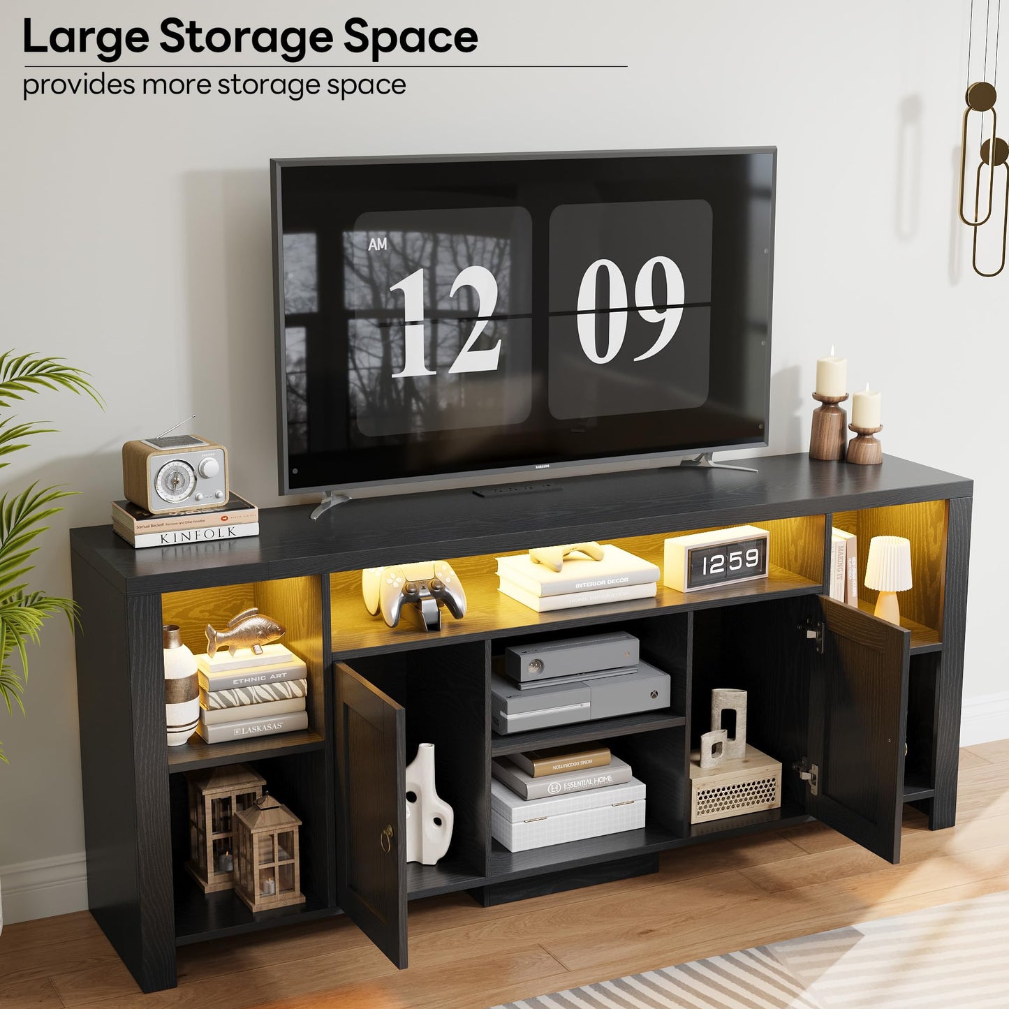 LIKIMIO TV Stand for TVs 80 inch with LED Lights & Power Outlet, Entertainment Center with Cabinets, Adjustable Shelves and Open Shelves, Modern Media TV Console Living Room, Black