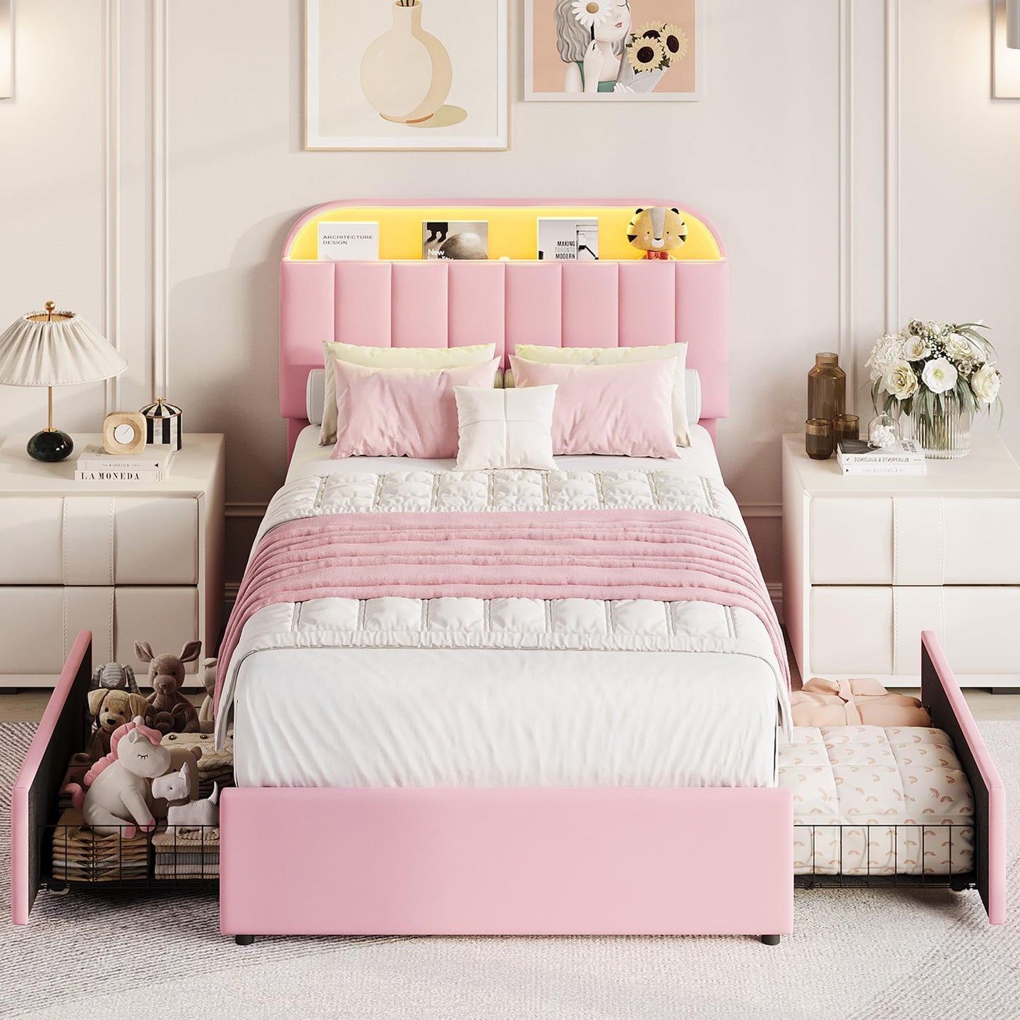 GarveeHome Twin Bed Frame with Storage Headboard, Kids Bed Frame with 2 Drawers, Velvet Upholstered Platform Bed Frame with Lights, No Box Spring Needed, Easy Assembly, Velvet Pink