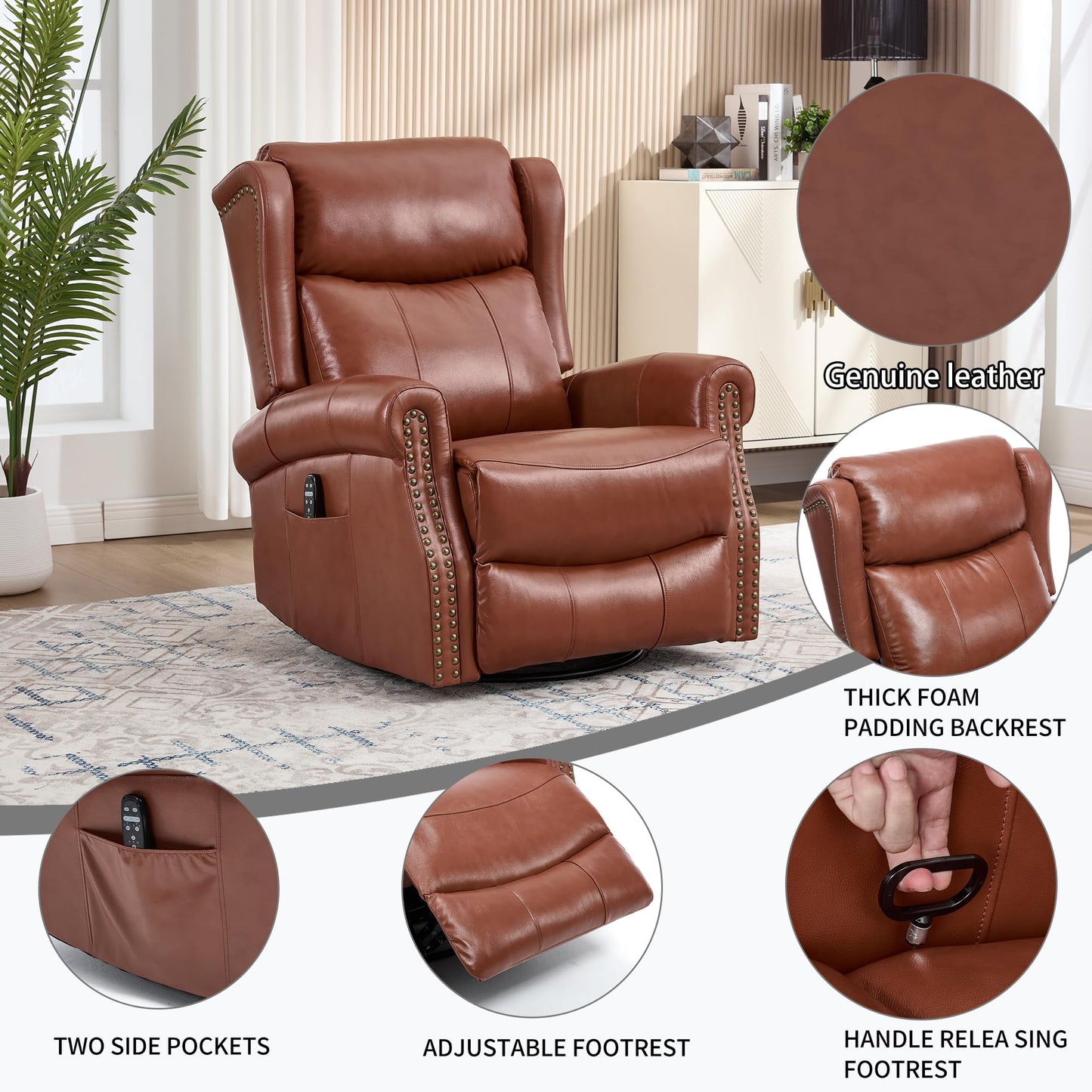 KEIKI Heat Massage Recliner Chair with Rocker & 360° Swivel, Manual Handle Reclining Lounge Chair with Lumbar Heat, Vibration Massage & Cushion Back for Living Room, Red