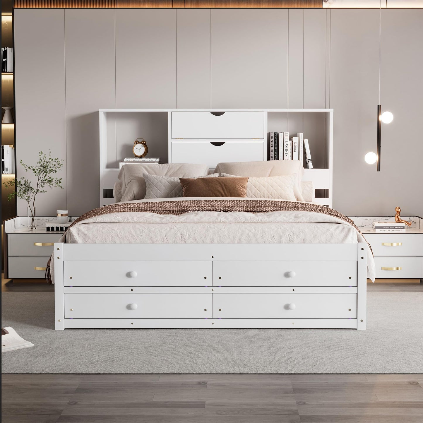 Merax Queen Size Bed Frame with Storage Headboard and 8 Drawers, Solid Wood Platform Bed, White