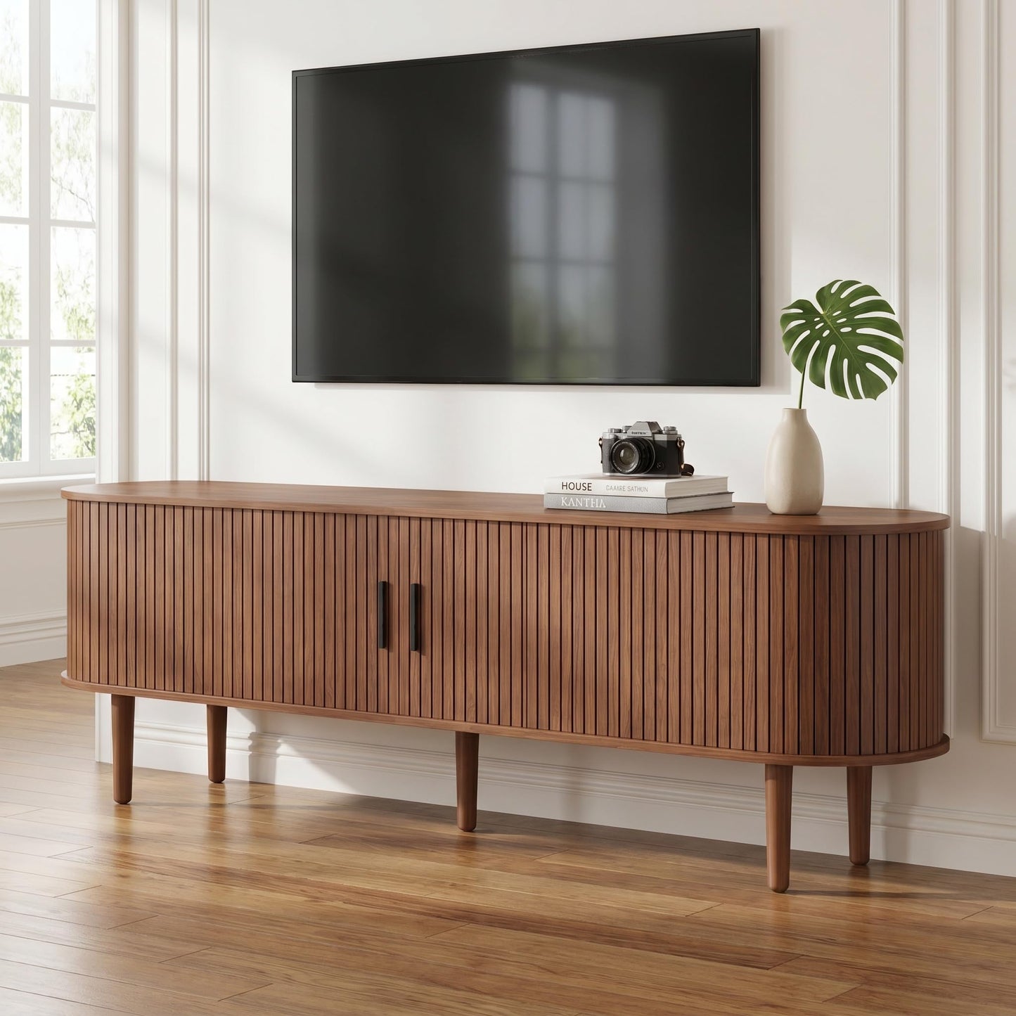 LMSXG-MZ Mid Century Modern TV Stand for Living Room, 70.1-Inch Media TV Console/Bedroom Entertainment Center with Sliding Doors, Fluted Under TV Cabinet for 55/65/75/80 Inch Tvs (Walnut)