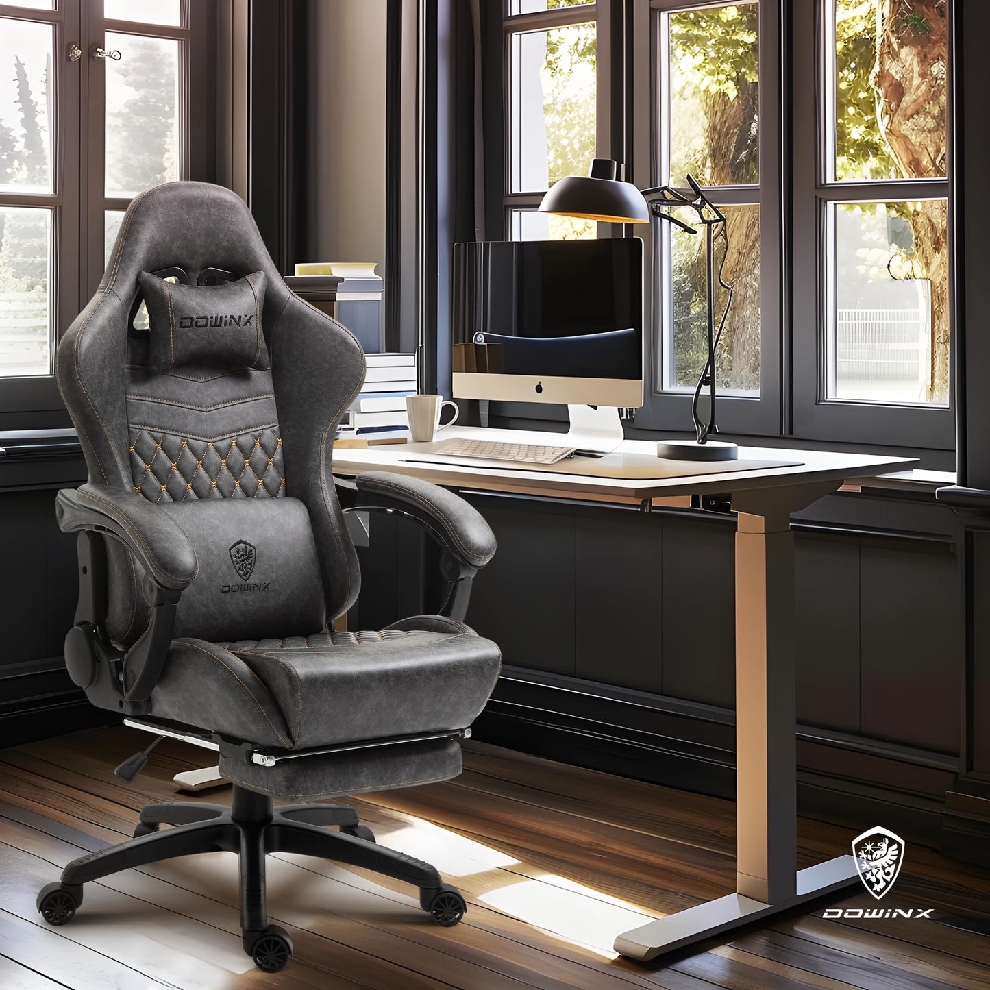Dowinx Gaming Chair Big and Tall, Ergonomic PC Gaming Chair with Footrest & Massage, Racing Style Reclining Computer Chair for Adults, 400LBS Capacity - Heavy Duty Gamer Chair (Grey)