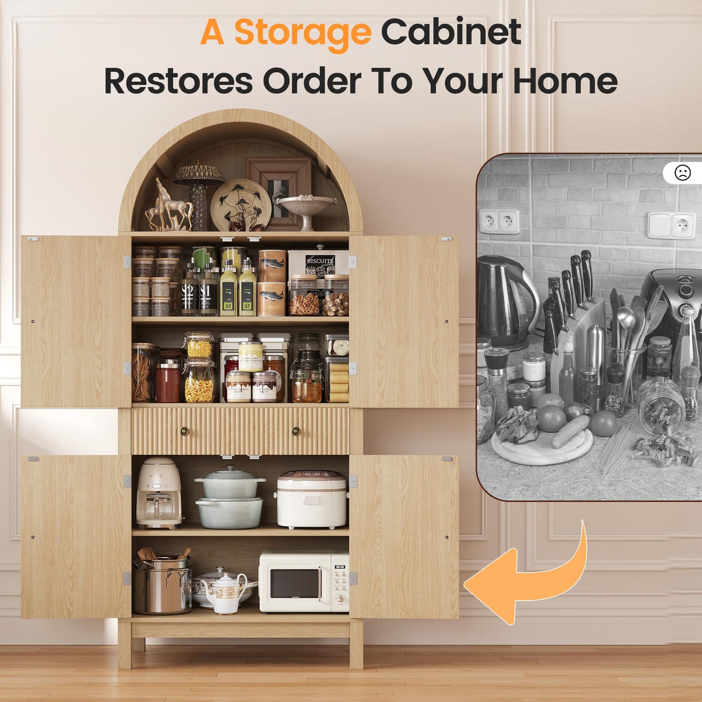 Apicizon 70" Tall Arched Kitchen Pantry Cabinet, 6-Tier Modern Fluted Wood Storage Cabinet with Doors Drawer & Adjustable Shelves, Farmhouse Cupboard Organizer for Dining Room, Bathroom, Natural