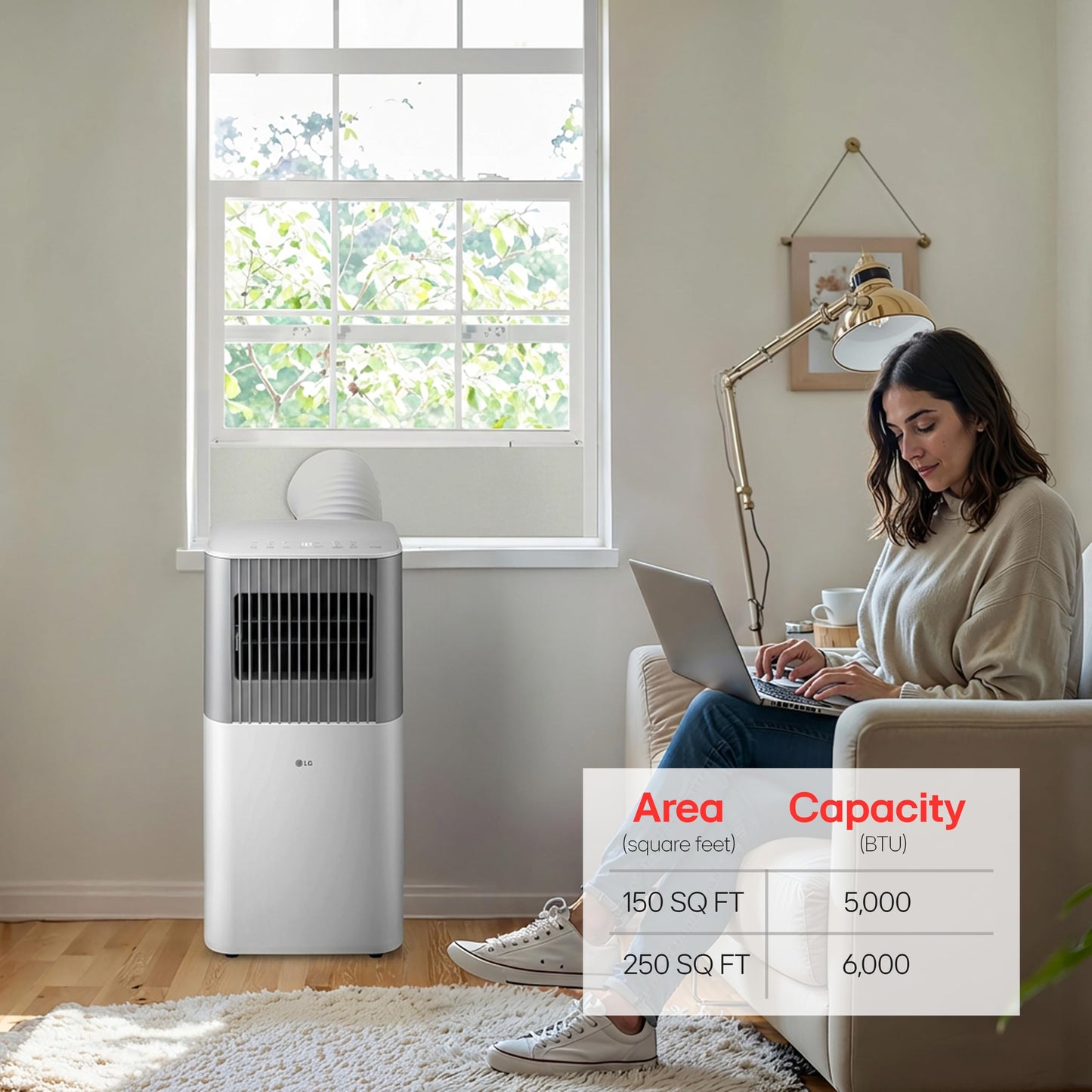 LG 5,000 BTU SACC (8,500 BTU ASHRAE) Portable Air Conditioner, 115V, Cools 150 Sq.Ft. (10' x 15' Room Size), Quiet Operation, LCD Remote Control, and Window Installation Kit, White & Gray