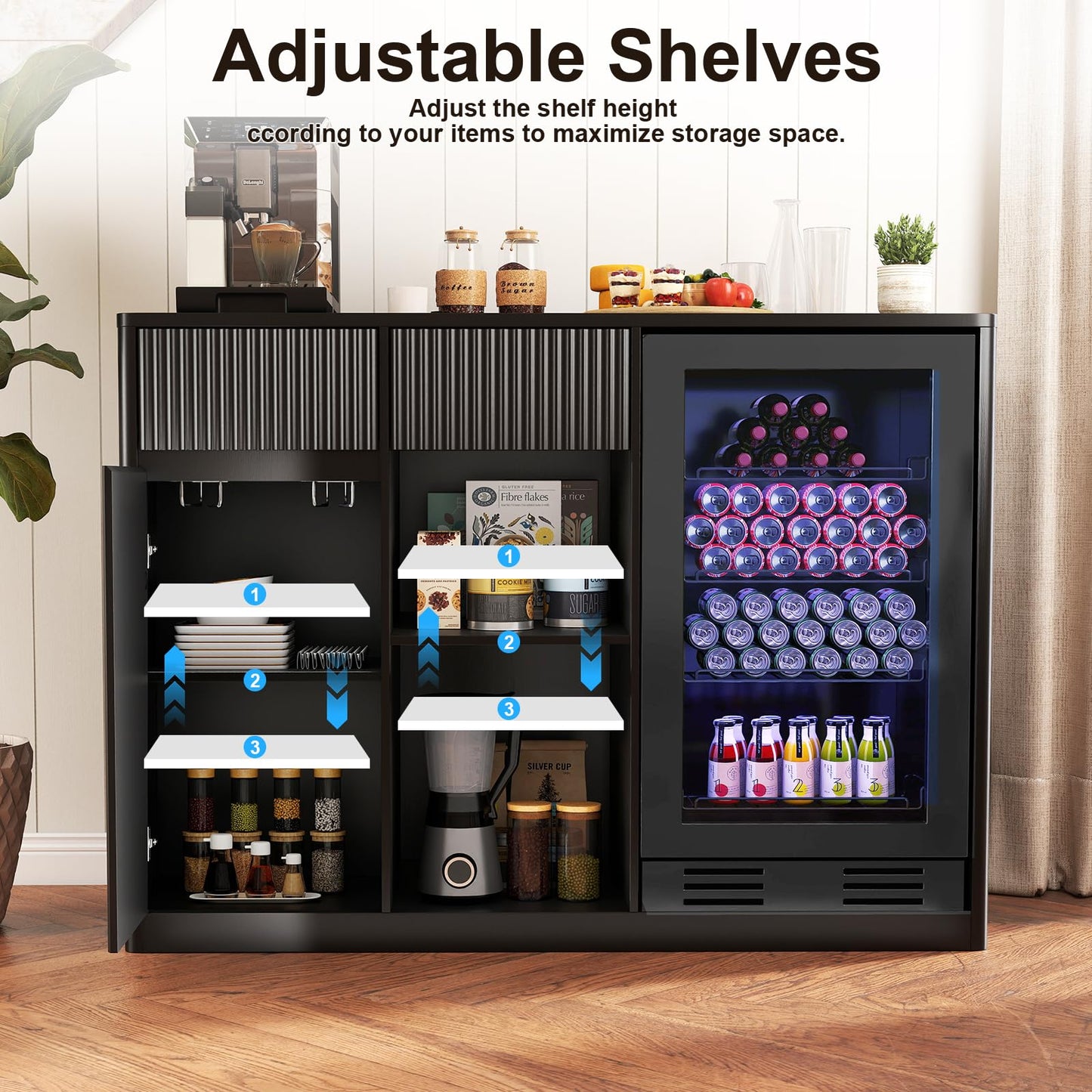 Zevemomo Large Coffee Bar Cabinet with Fridge Space, Fridge Cabinets with Fluted Door & Adjustable Shelves & Glass Rack, Wine Bar Buffet Sideboard Storage Cabinet for Living Room, Dining Room, Black