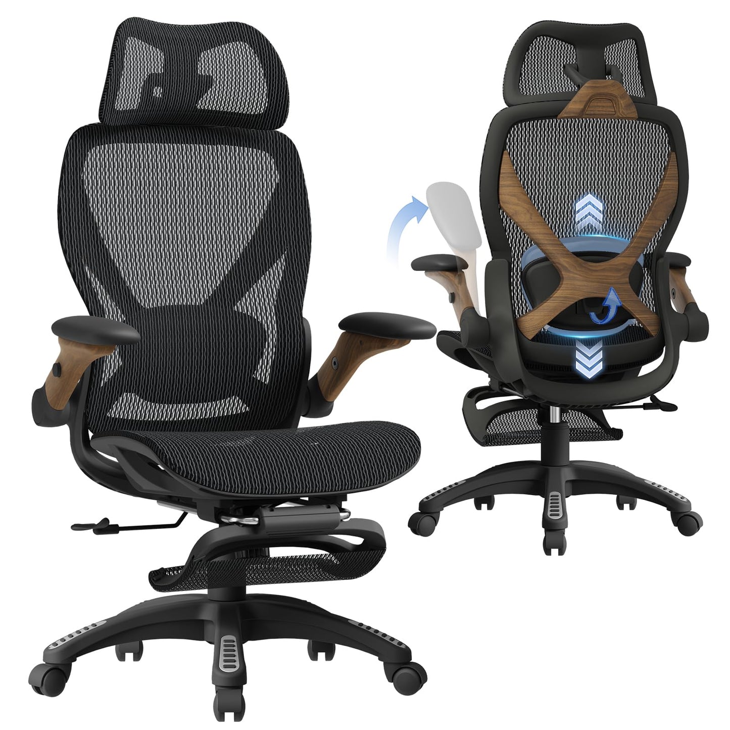 ELABEST X100 Ergonomic Office Chair with Footrest, Big and Tall Home Desk Chair with 5D Flip-Up Arms, Adjustable 3D Lumbar Support,High Back Rolling Computer Chair, Swivel Mesh Chairs (Library Oak)