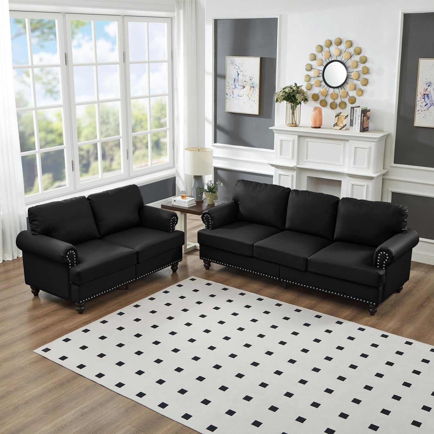 2 Pieses Living Room Sofa Sets Faux Leather Couch and Loveseat with Nailhead Decor, Soild Wood Legs, Rolled Armrests & Storage ,2PCS Sofas 3 Seaters Couch and Love Seat for Living Room Furniture Sets