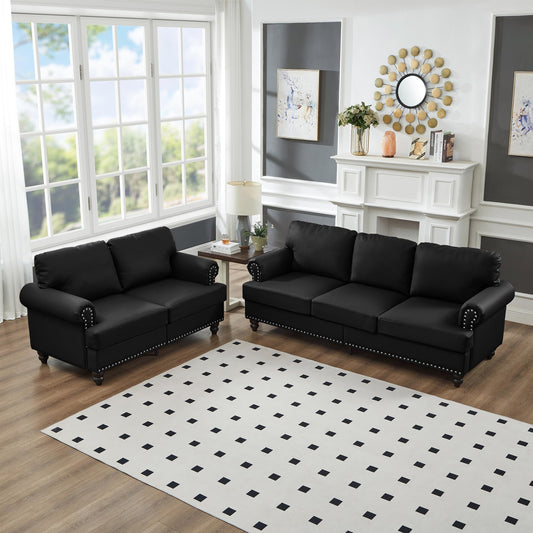2 Pieses Living Room Sofa Sets Faux Leather Couch and Loveseat with Nailhead Decor, Soild Wood Legs, Rolled Armrests & Storage ,2PCS Sofas 3 Seaters Couch and Love Seat for Living Room Furniture Sets