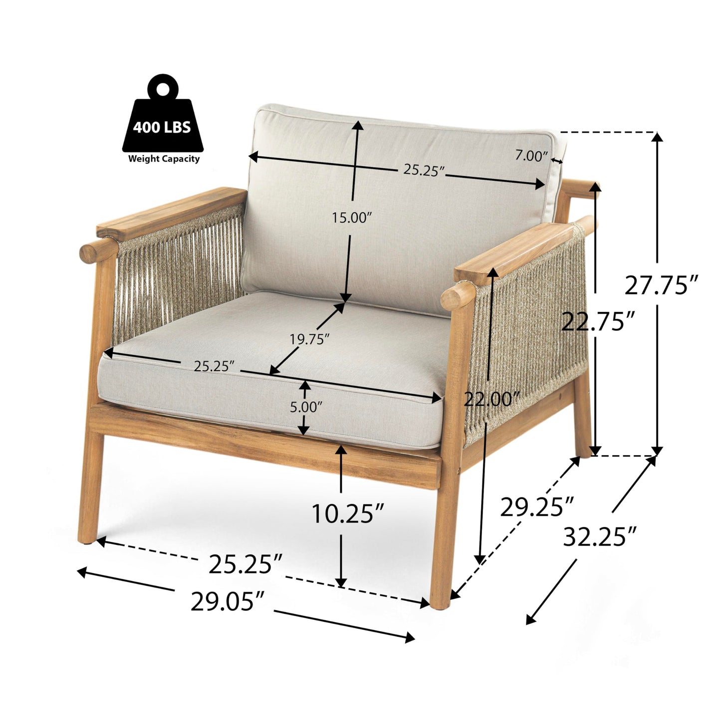 Merax Outdoor Acacia Wood Lounge Chair w/Cushions Set of 2, Patio Club Chair with Rope & Sturdy Wood Legs, All-Wearther Singe Sofa Chair for Porch, Lawn, Backyard, Balcony, Teak+ Beige