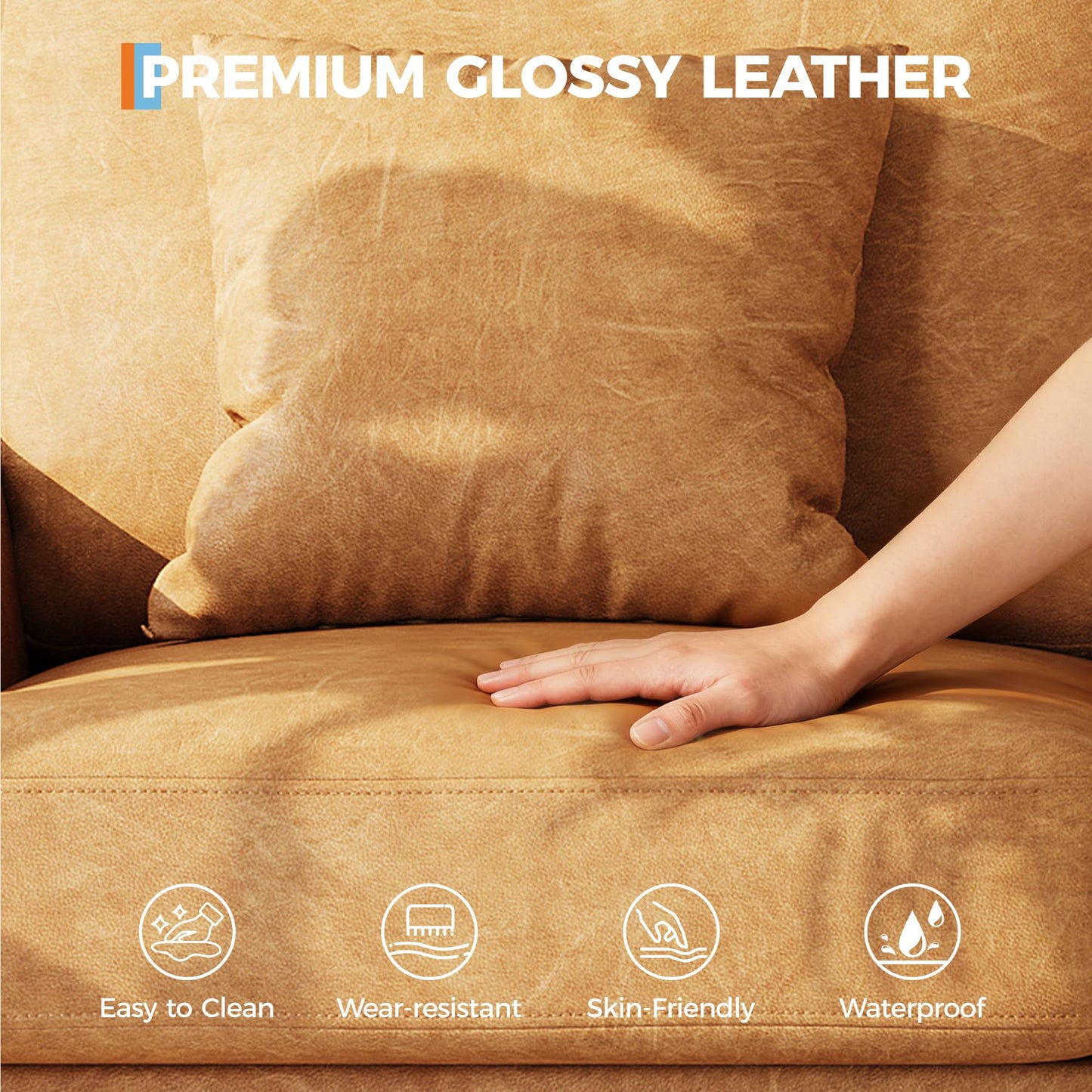 Garvee 86" Faux Leather Sofa, Modern Deep Seat Couch with 2 Throw Pillows, Upholstered Cushion & Removable Cover, Comfy Leather Couch for Small Space, Apartment, Living Room Lounge, Brown