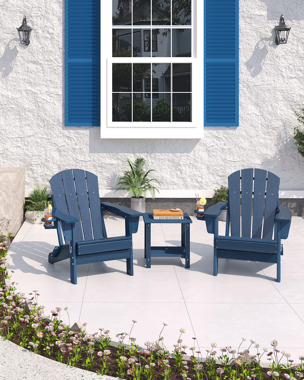 Garvee Folding Adirondack Chair Set of 4 with 2 Side Table, HDPE Outdoor Patio Chair with Cup Holder, All Weather Resistent Wooden Textured for patios, Decks, Gardens, fire Pit, Navy Blue