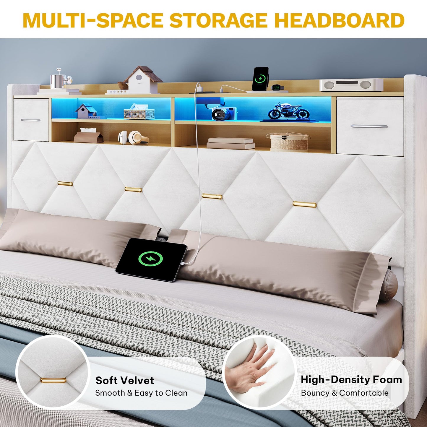 DWVO Full Size Bed Frame with 2 Storage Drawers and Storage Headboard, Upholstered Platform with Charging Station and LED Light, No Box Spring Needed, Noise Free, Easy Assembly, Velvet White