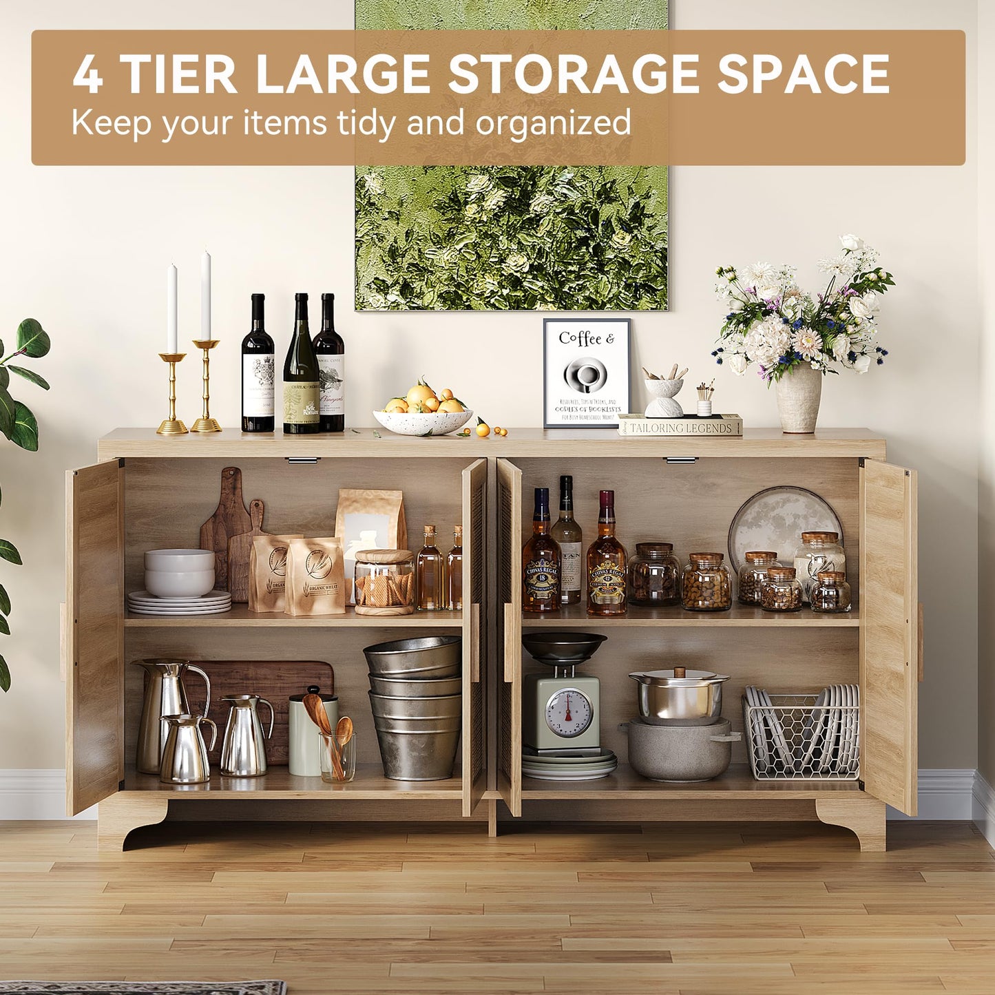 GarveeHome 4-Door Sideboard Buffet Cabinet, Natural Rattan Storage Cabinet, Boho Entryway Console Table, Coffee Bar Station for Dinning Room, Living Room, Kitchen