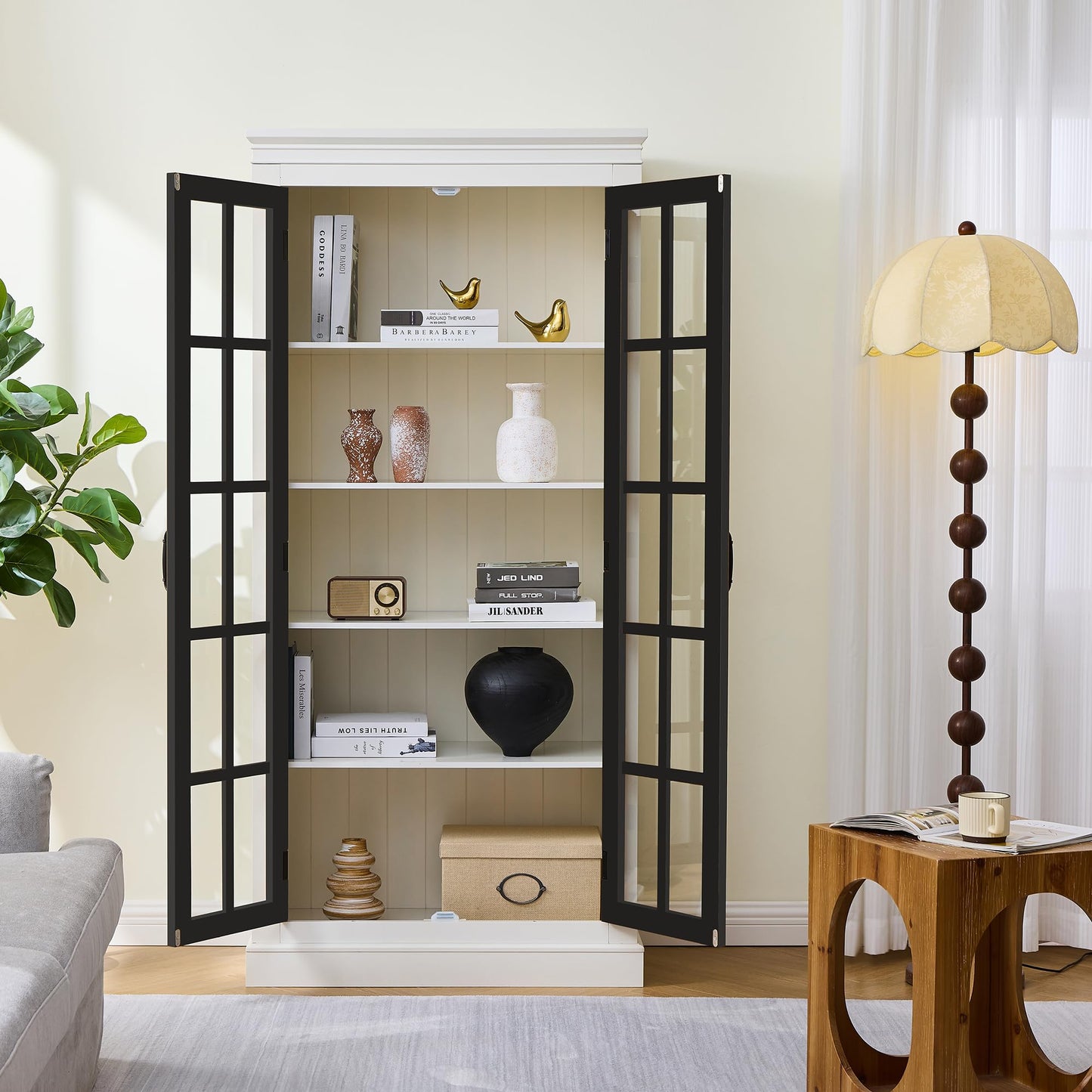 Merax 71.2" Tall Display Cabinet with Glass Doors,Rustic Style China Cabinet,Curio Cabinet for Collectibles Figures Trophies for Hallways Living Room, Kitchen, Home, Studio or Workspace,White & Black
