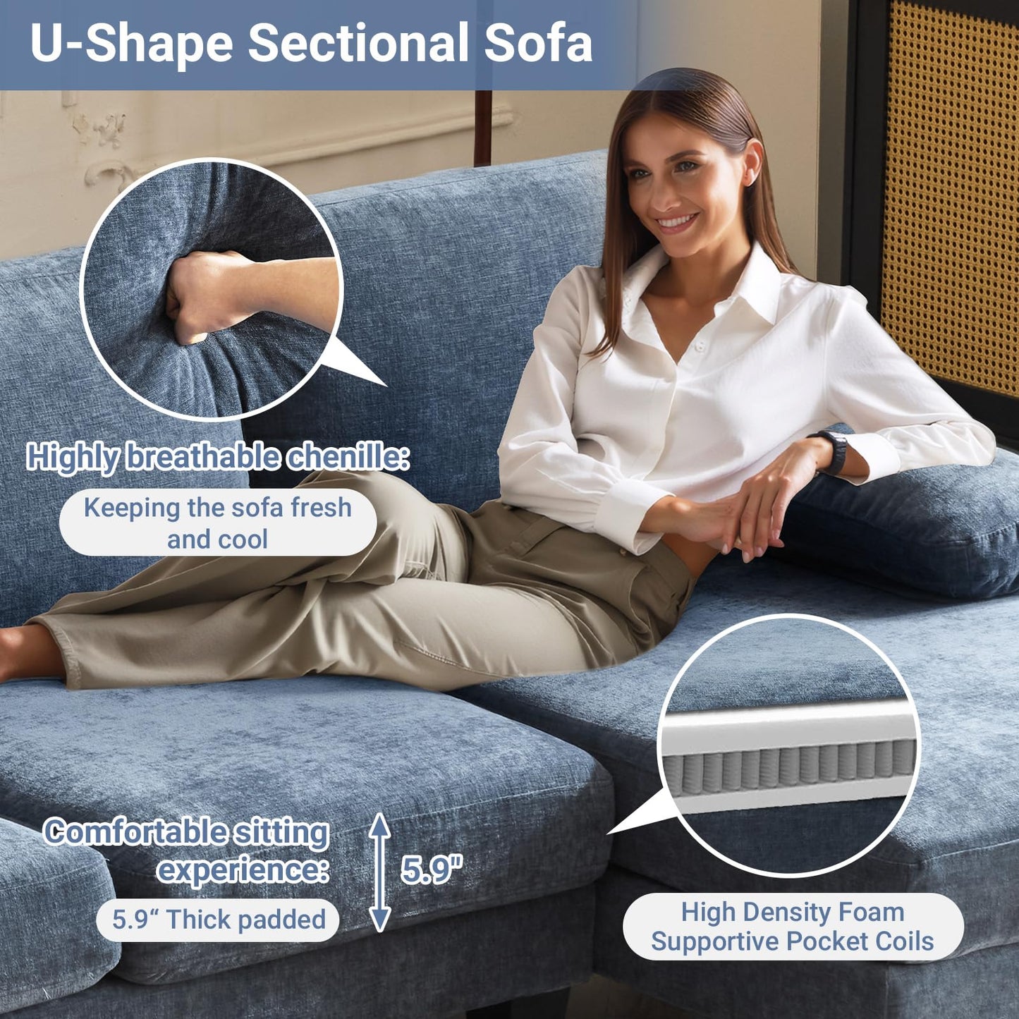 VINGLI 110" Sectional Couches for Living Room,U Shaped Couch with Double Chaise, 4-Seat Sofa Set with Corduroy Fabric for Home Furniture,Ocean Blue