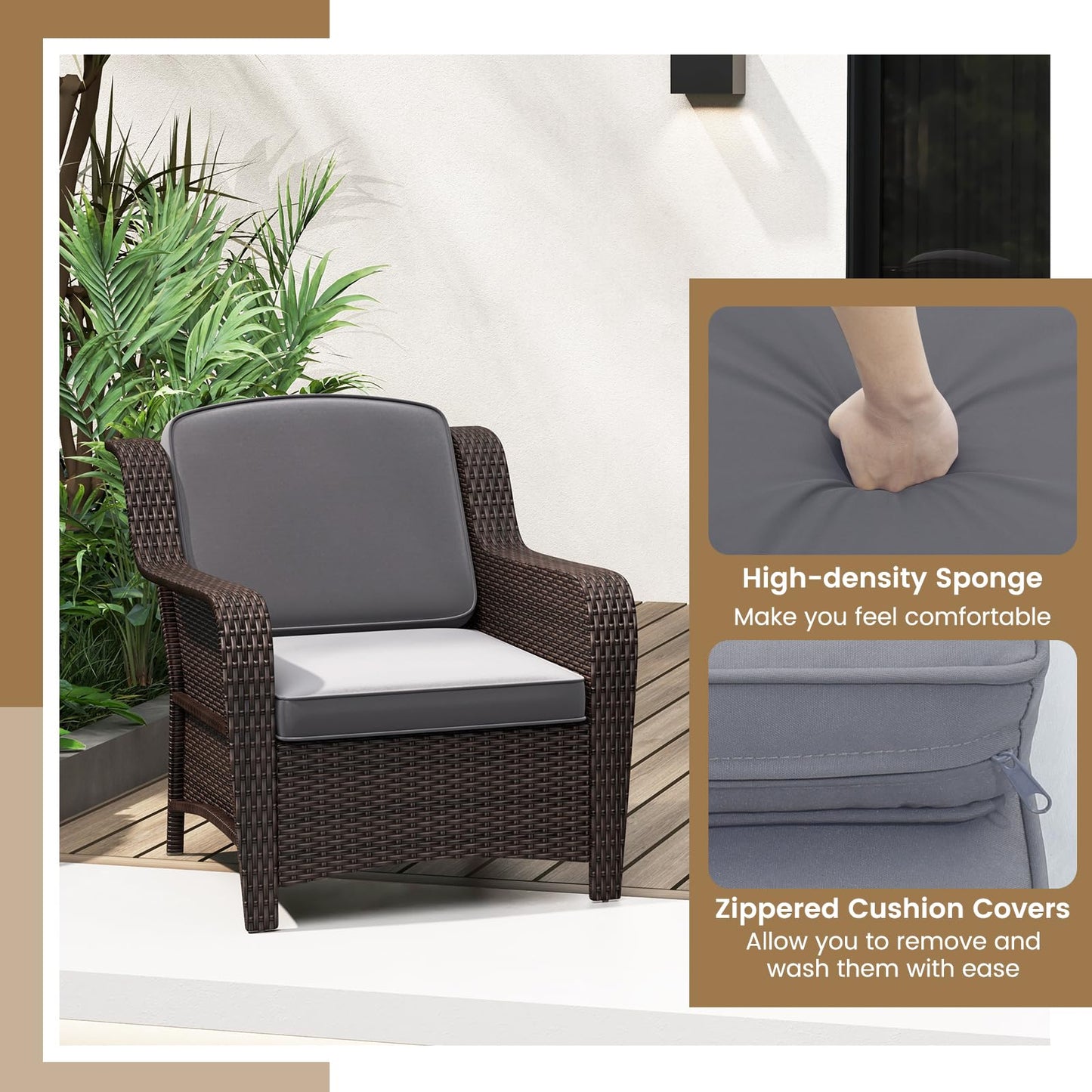 Tangkula 3 Pieces Outdoor Patio Furniture Set, Patiojoy PE Rattan Wicker Chairs with Cushions and Tempered Glass Coffee Table, Outdoor Wicker Conversation Bistro Set for Porch, Balcony, Garden (Gray)