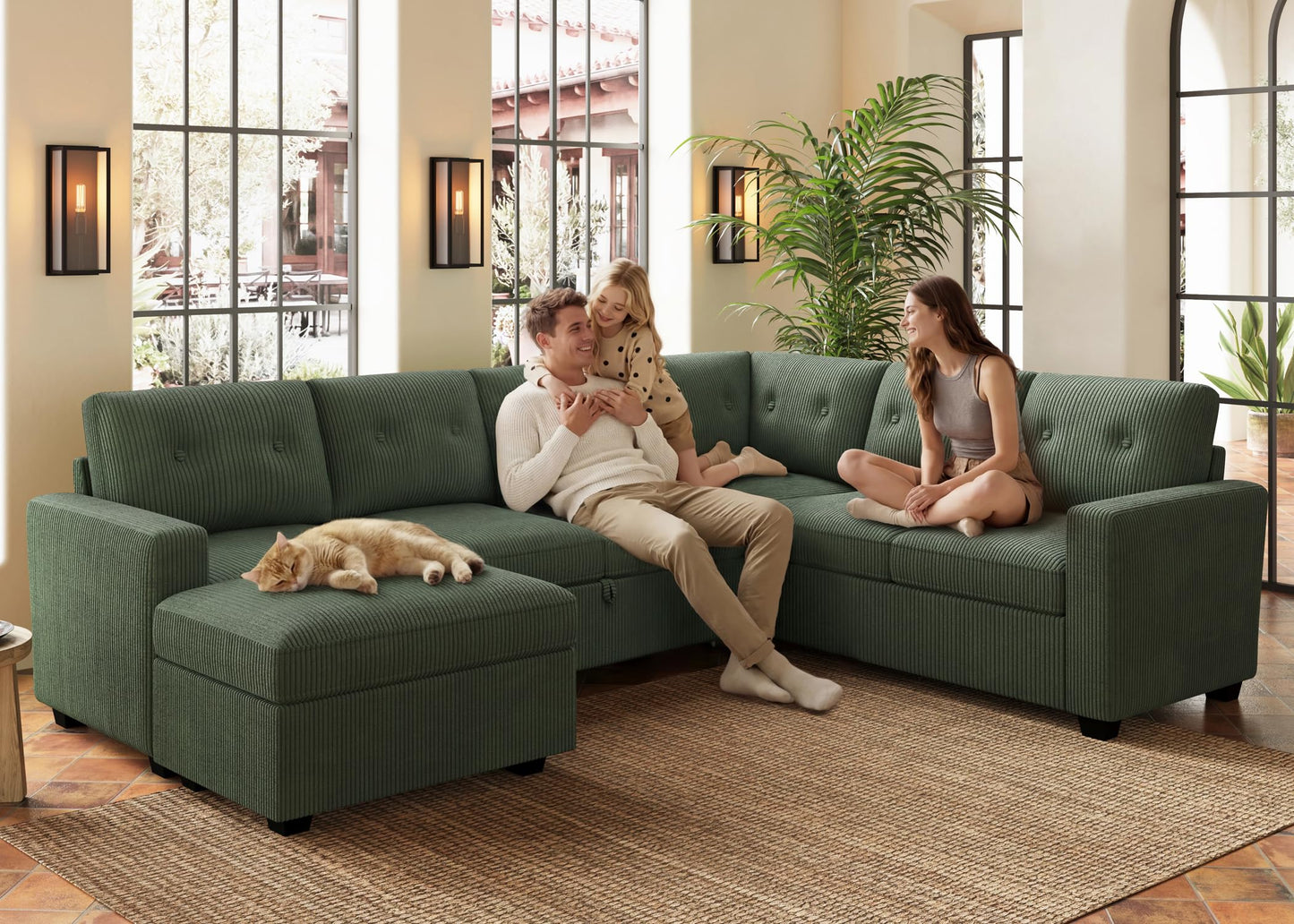 HONBAY 106.2 Inch U-Shaped Sectional Sleeper Sofa with Pull-Out Bed & Storage Ottoman, 7-Seater Sectional Sofa for Living Room, Pet-Resistant Corduroy Couch, Green