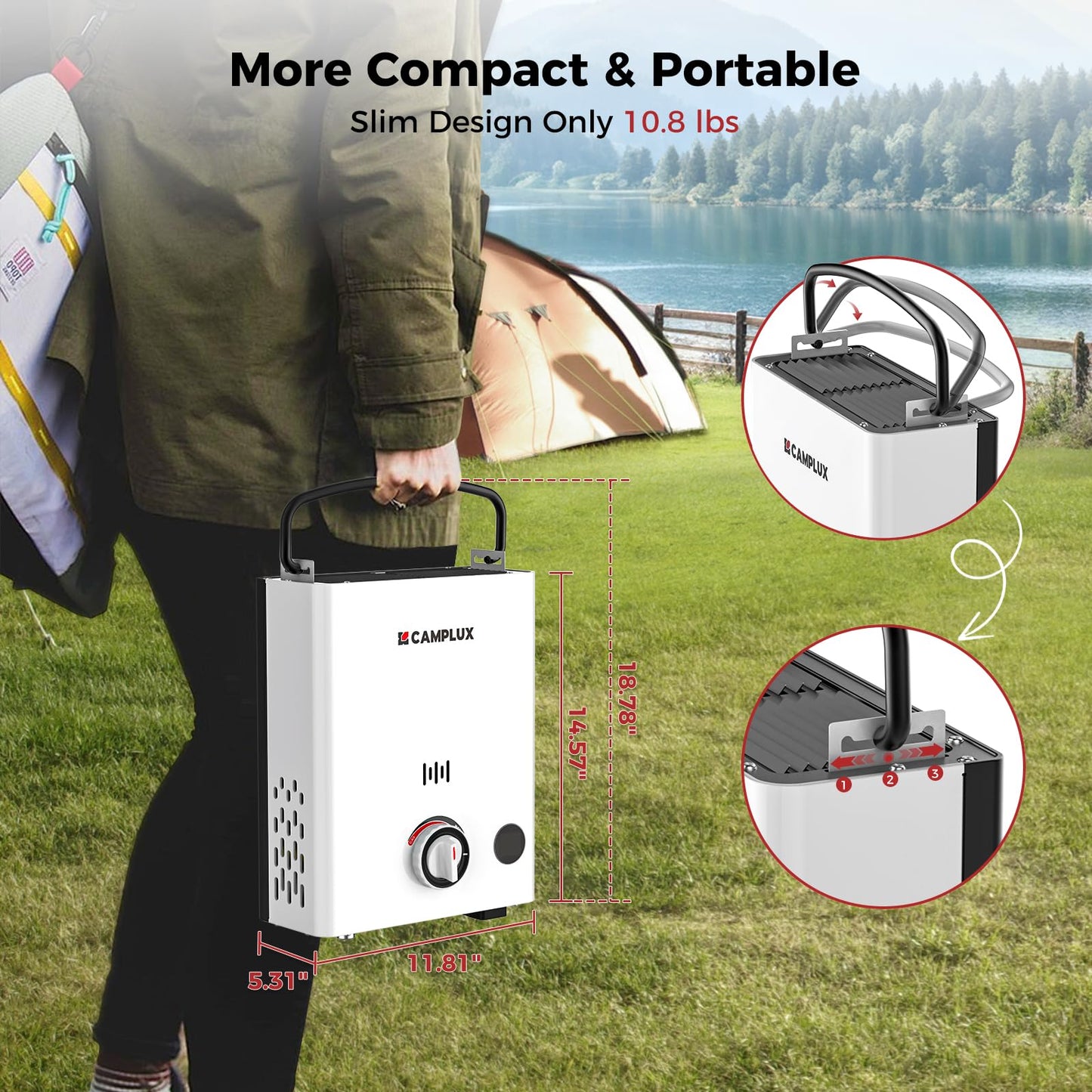 CAMPLUX Propane Portable Water Heater 1.32 GPM 34,000 BTU, First F5 Pro, with 1.2 GPM Pump Kit for RVs, Campings & Cabins, Ultra Portable Design, Easy Setup