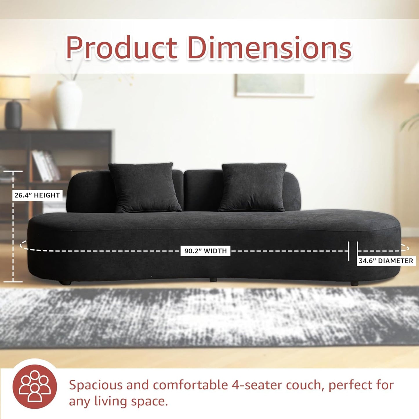 Container Furniture Direct 90" Curved Sofa with Throw Pillows, 4 Seater Luxury Velvet Couch with Half Moon Design and High-Density Foam, Ideal for Modern Living Room, Office & Apartment, Black