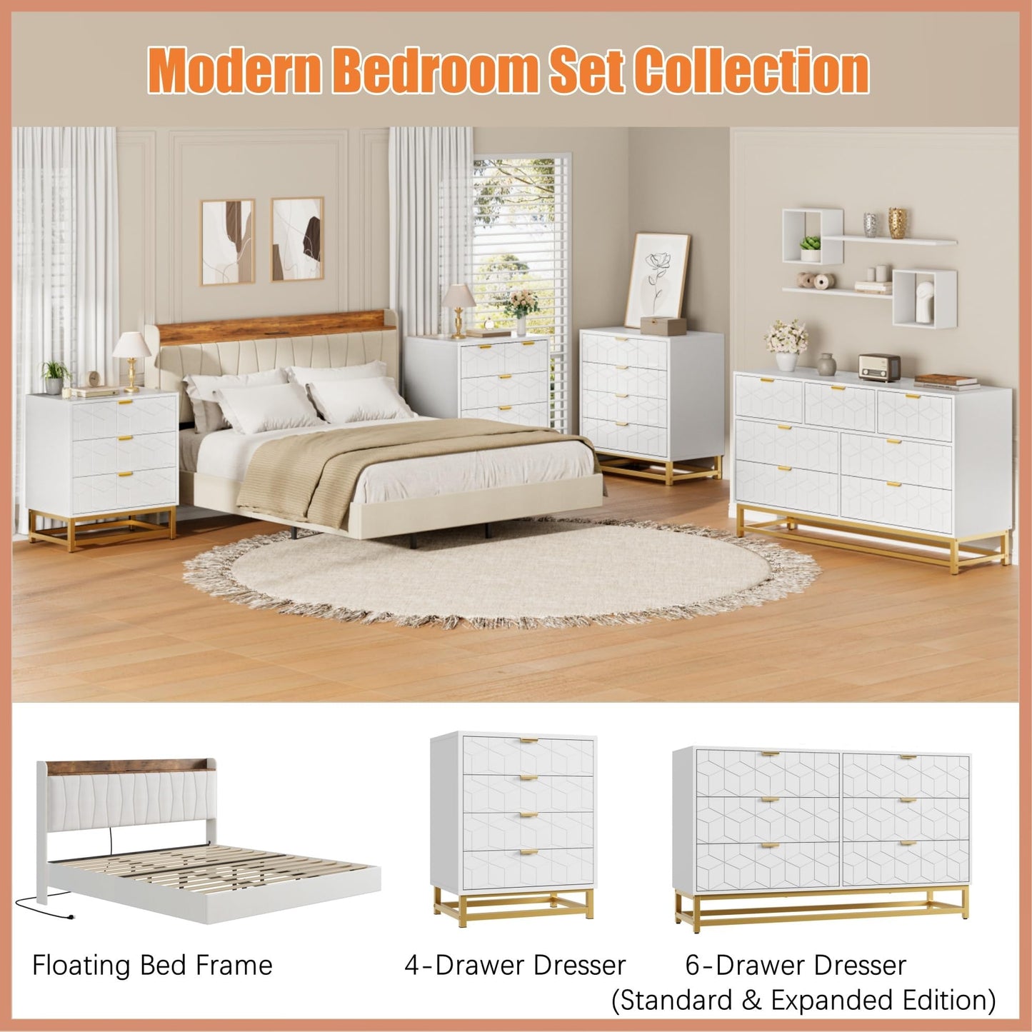 IDEALHOUSE White 6 Drawer Dresser for Bedroom, 53.5” Large Dresser with Metal Legs, Modern Chest Organizer with Wide Storage, Chest of Drawers for Bedroom, Living Room, Entryway