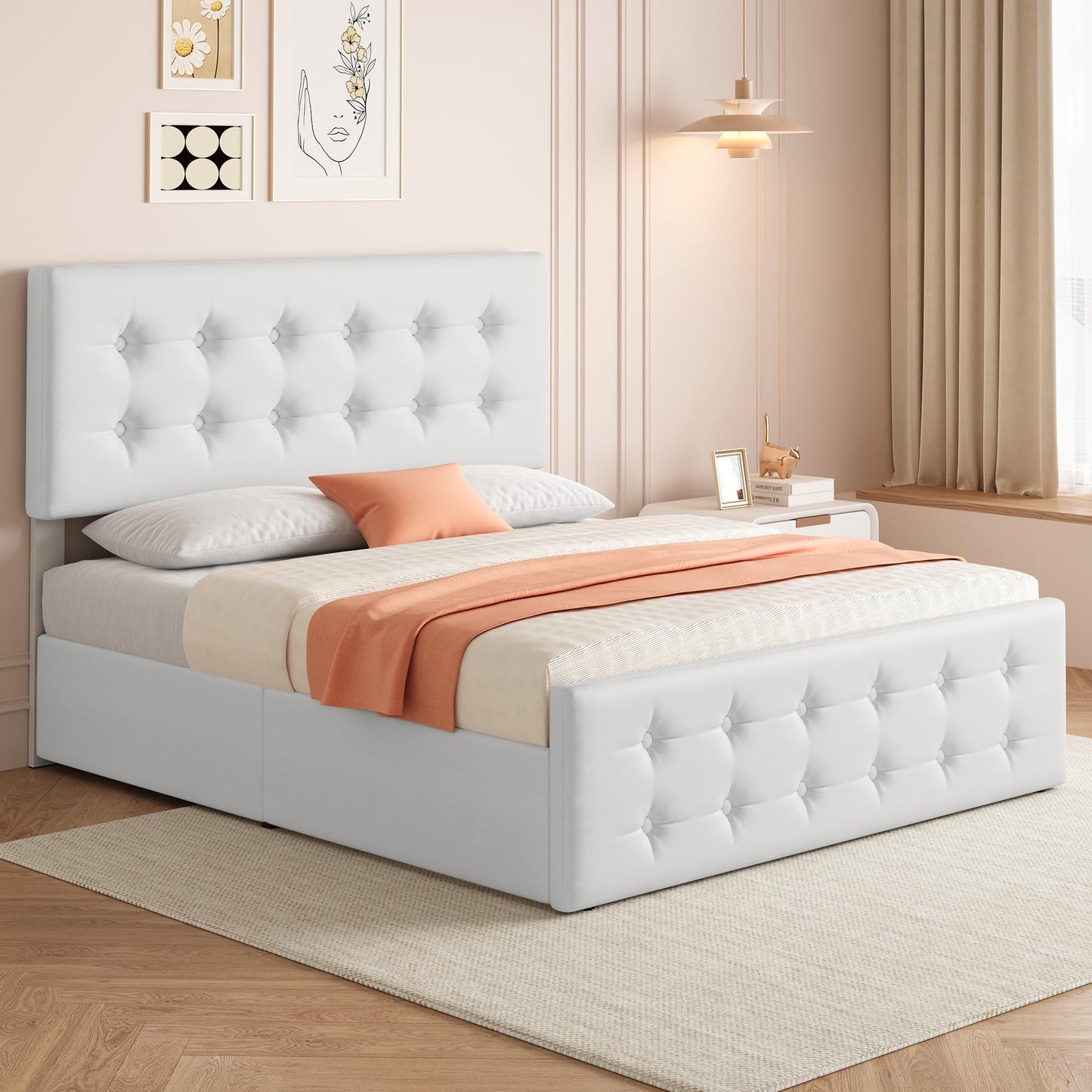 IDEALHOUSE Full Size Bed Frame with 4 Storage Drawers and Headboard, Faux Leather Upholstered Platform Bed Frame with Wooden Slats Support, Button Tufted Design, No Box Spring Needed, White