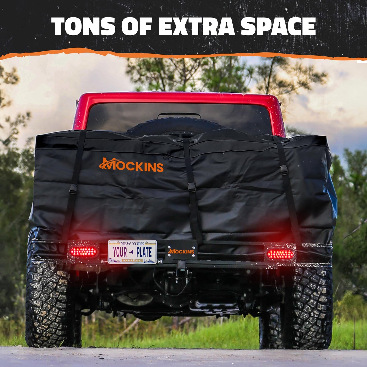 Mockins 72"x36"x6" XXL Folding Trailer Hitch Cargo Carrier w/ 50 CuFt Waterproof Cargo Bag for Hitch Carrier | 500 Lbs Cap Luggage Rack for SUV Car & Truck w/Rear Lights, License Plate Holder & More